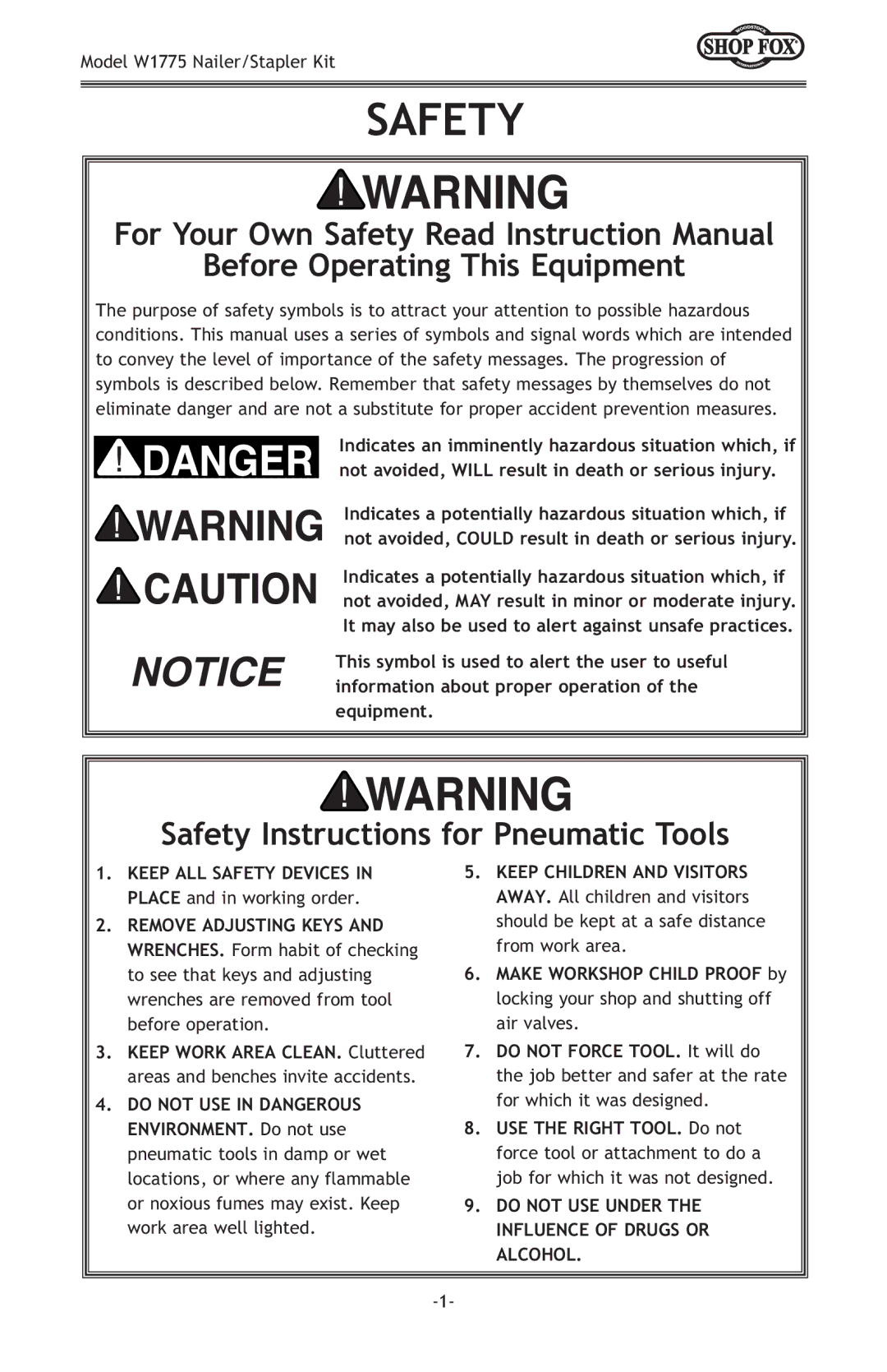 Woodstock W1775 owner manual Before Operating This Equipment, Safety Instructions for Pneumatic Tools 