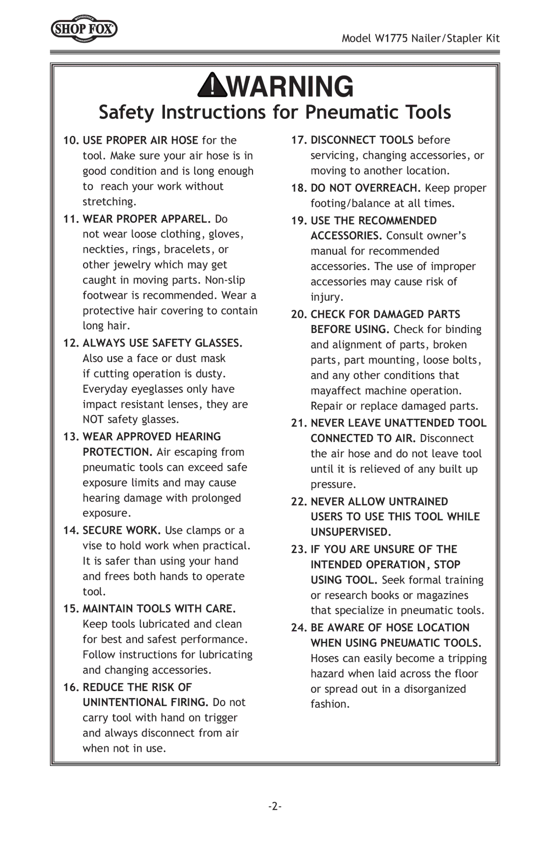 Woodstock W1775 owner manual Always USE Safety Glasses 