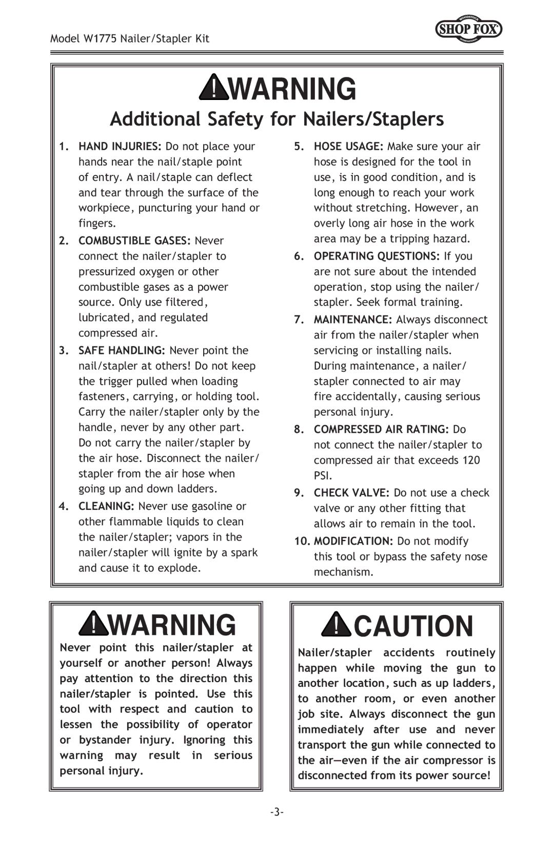 Woodstock W1775 owner manual Additional Safety for Nailers/Staplers 