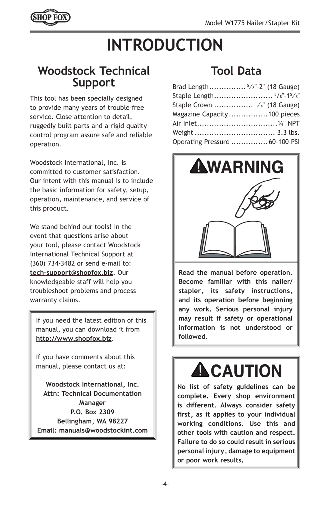 Woodstock W1775 owner manual Introduction, Woodstock Technical Support, Tool Data 