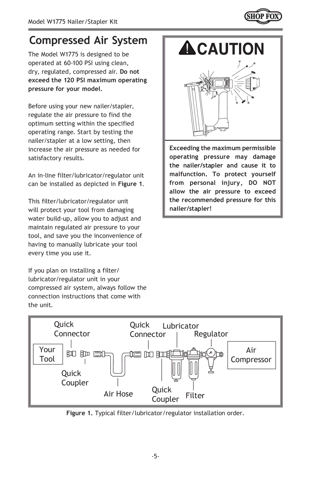 Woodstock W1775 owner manual Compressed Air System, Typical filter/lubricator/regulator installation order 