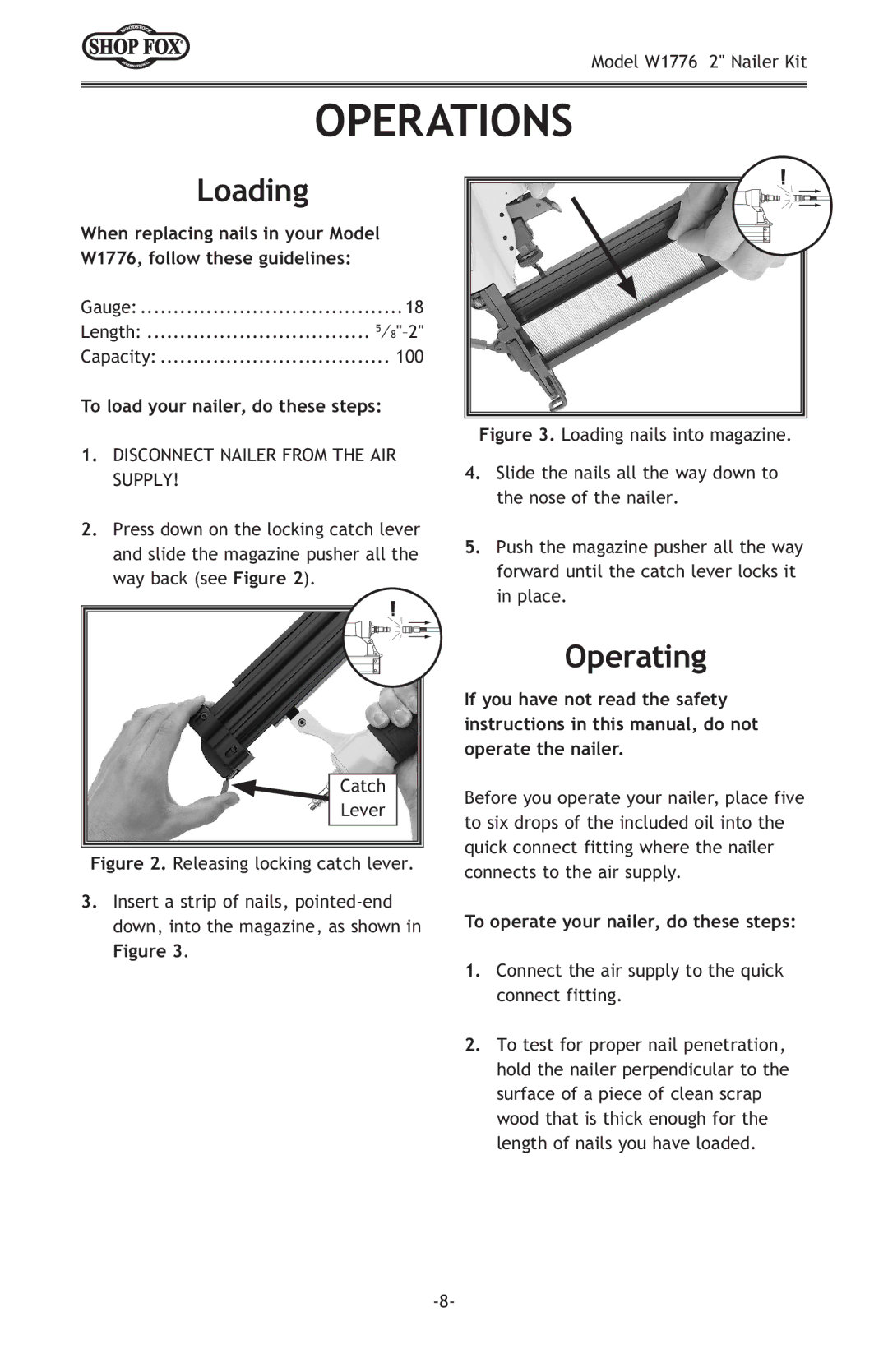 Woodstock W1776 owner manual Operations, Loading, Operating, To load your nailer, do these steps 