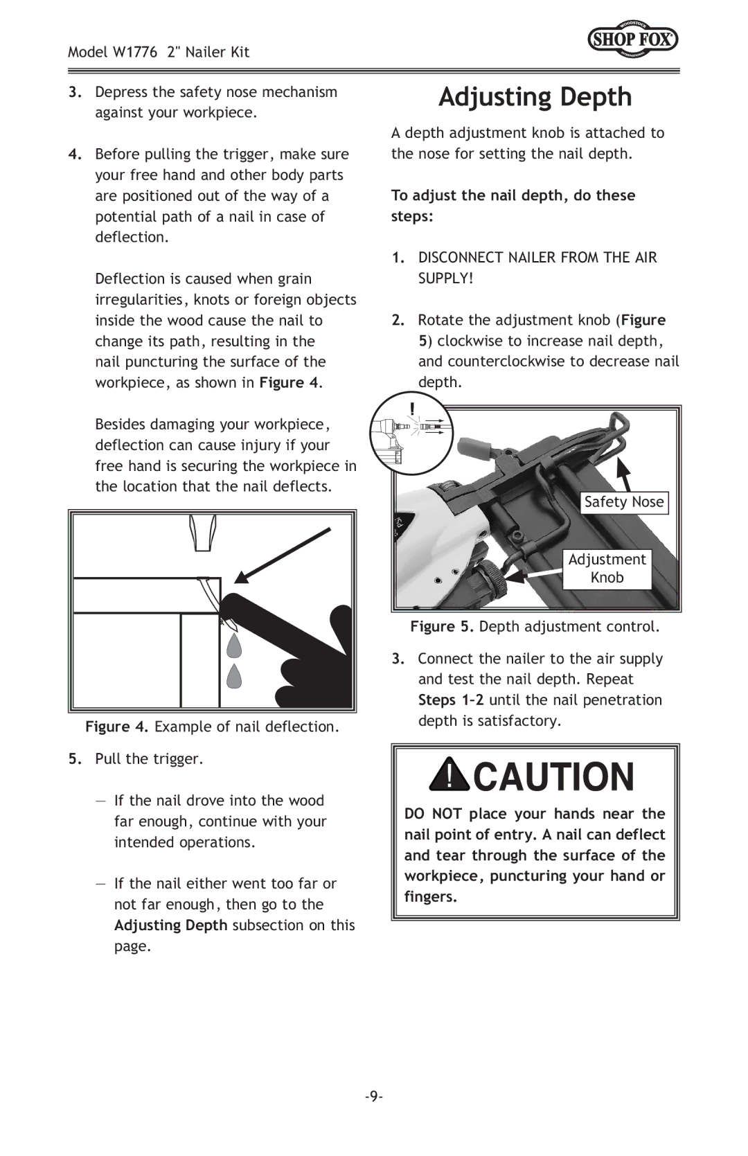 Woodstock W1776 owner manual Adjusting Depth, To adjust the nail depth, do these steps 