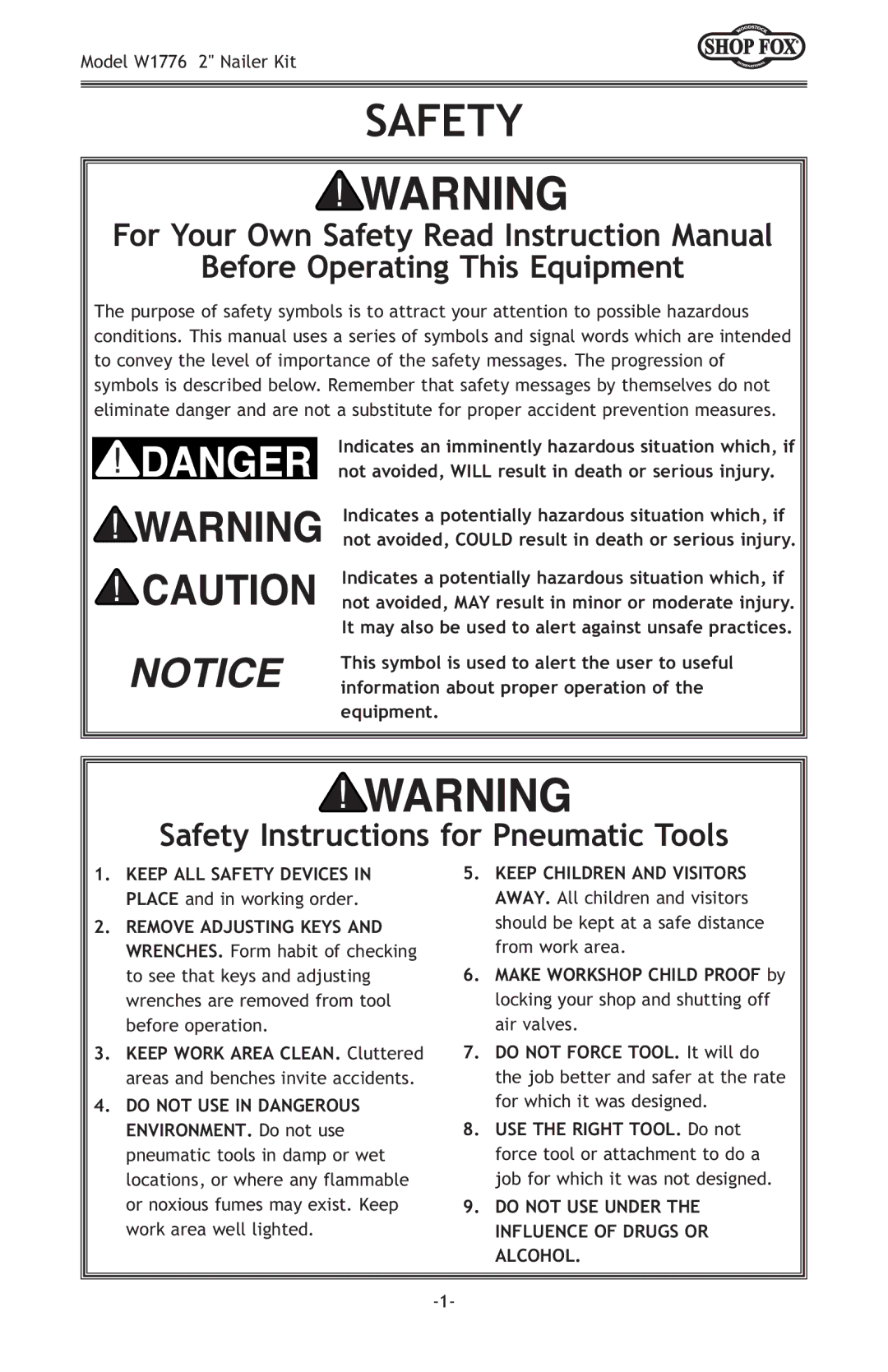 Woodstock W1776 owner manual Before Operating This Equipment, Safety Instructions for Pneumatic Tools 