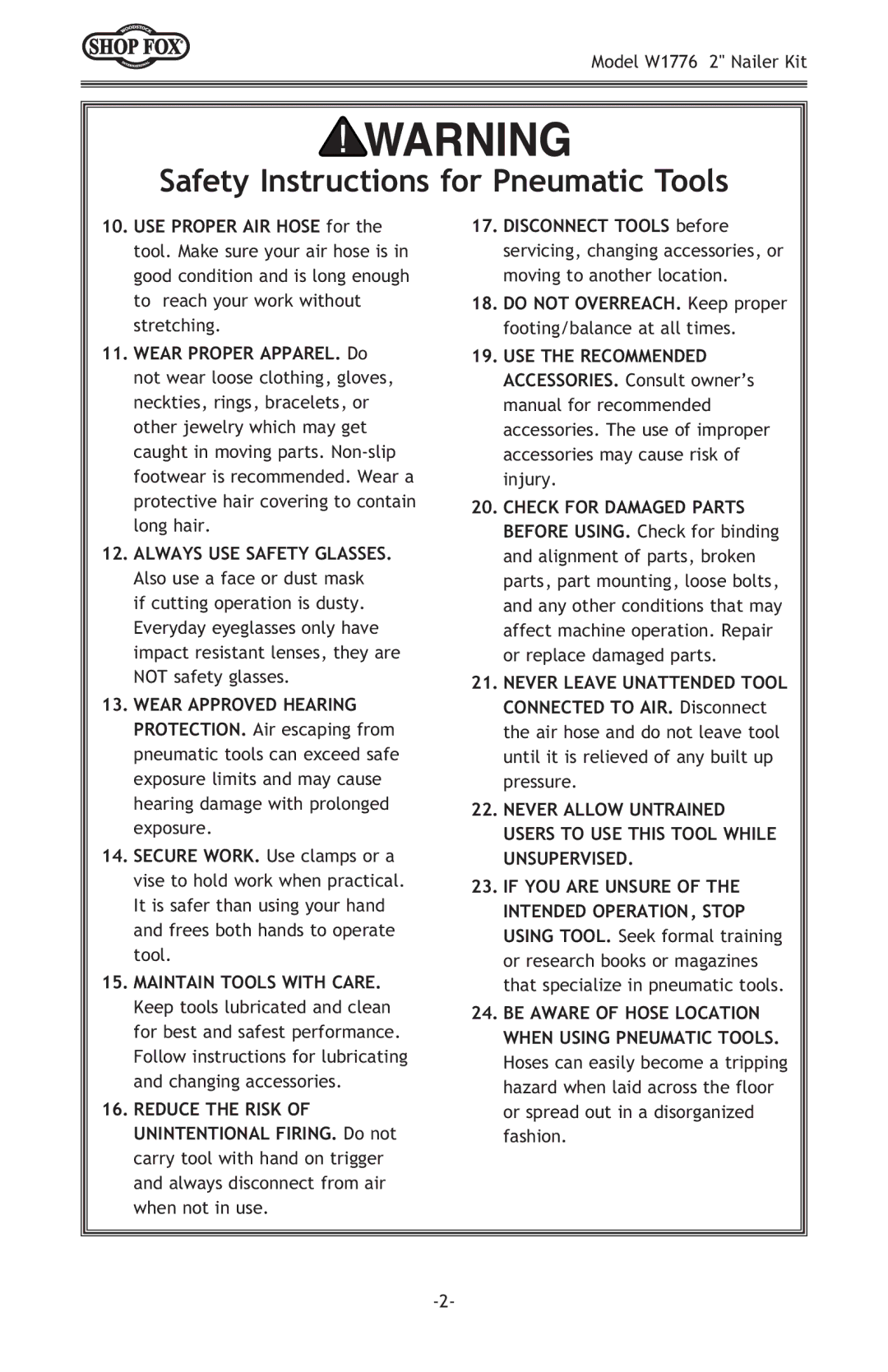 Woodstock W1776 owner manual Always USE Safety GLASSES. Also use a face or dust mask 