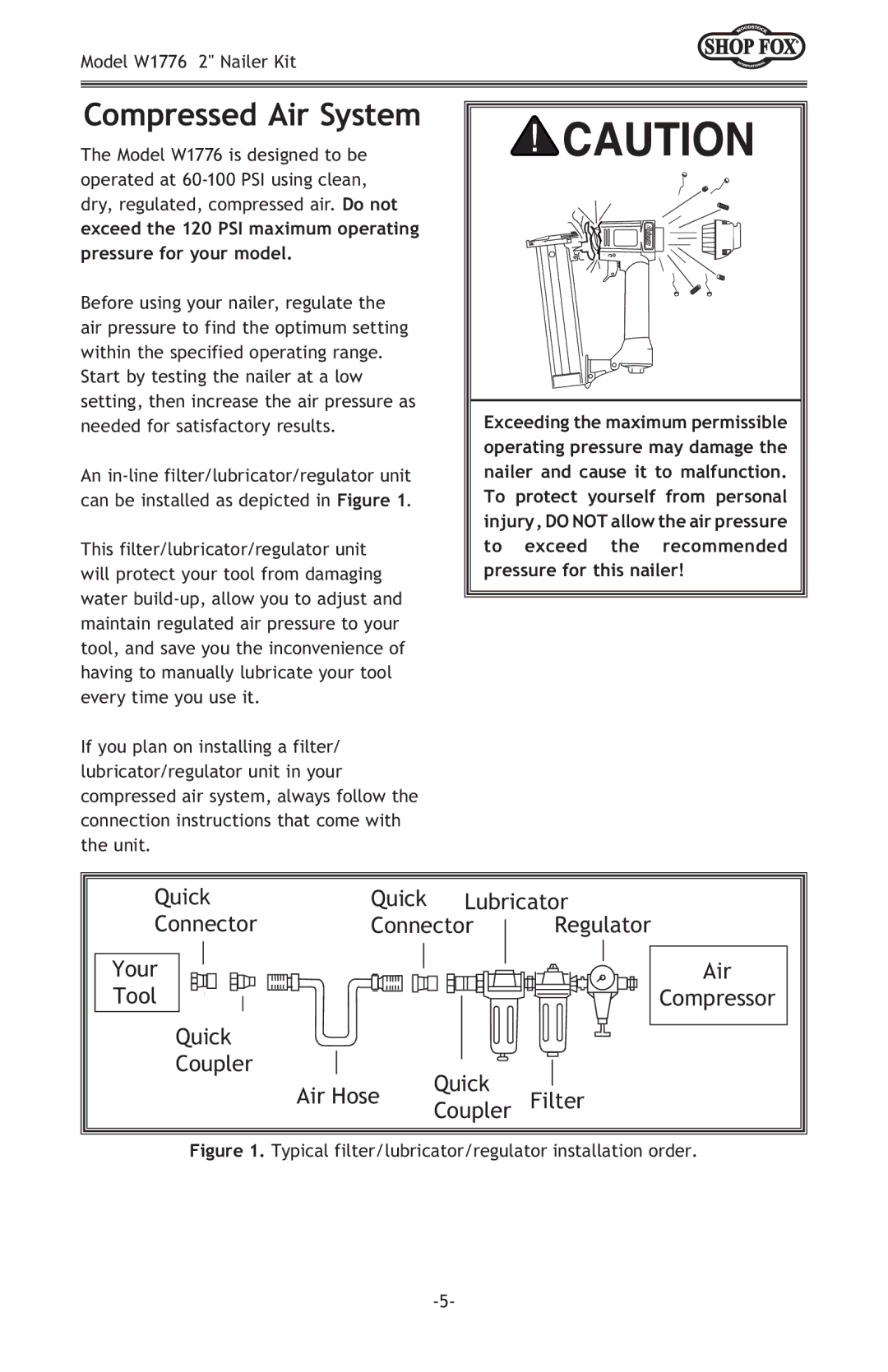 Woodstock W1776 owner manual Compressed Air System, Typical filter/lubricator/regulator installation order 