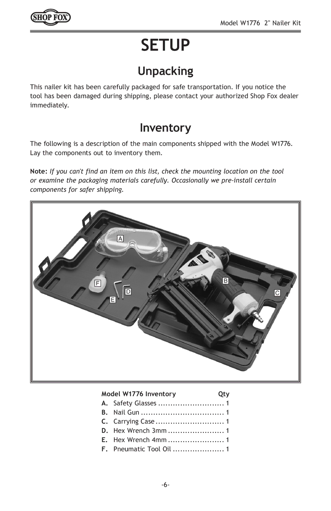 Woodstock owner manual Setup, Unpacking, Model W1776 Inventory 