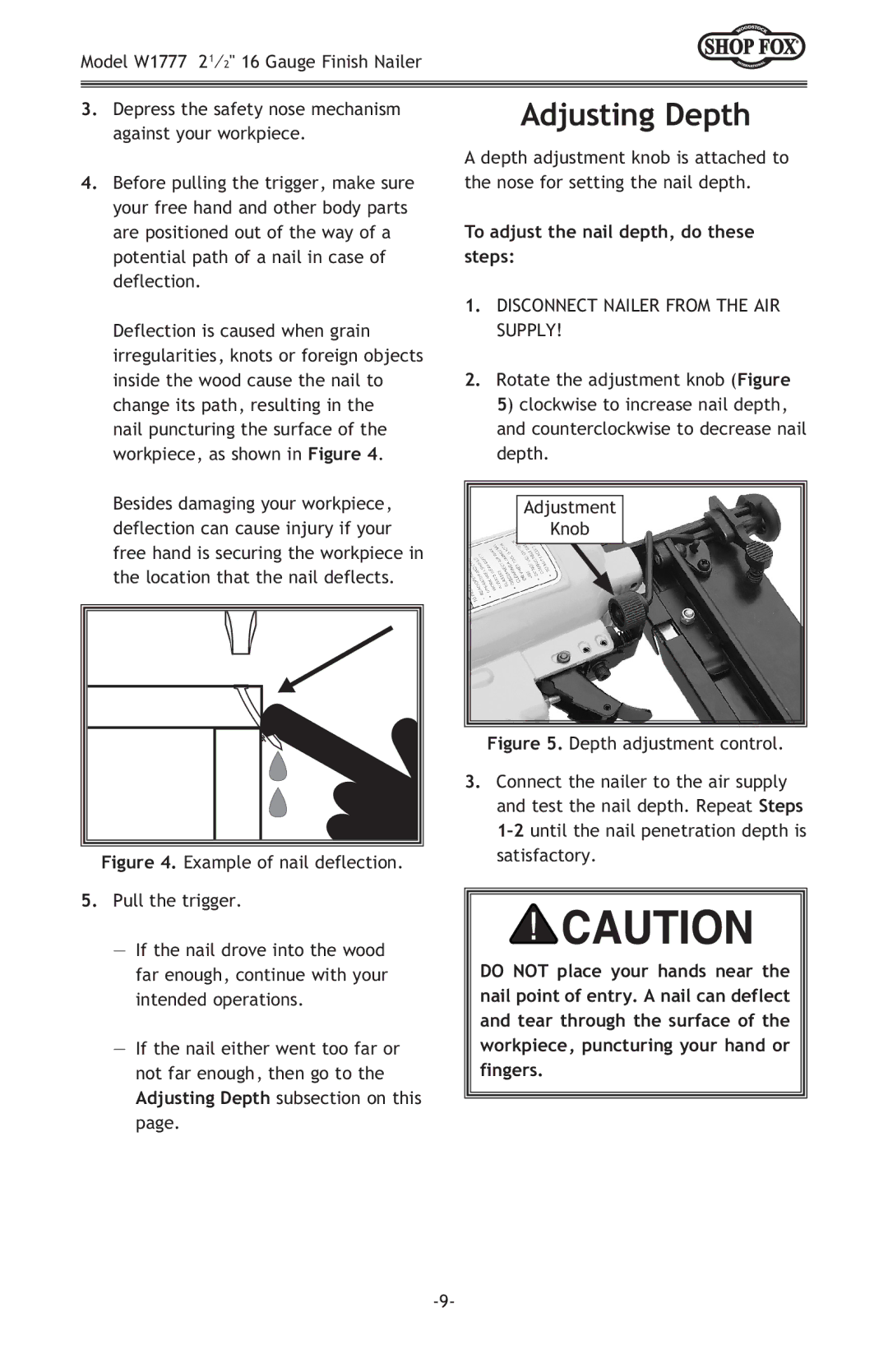 Woodstock W1777 owner manual Adjusting Depth, To adjust the nail depth, do these steps 