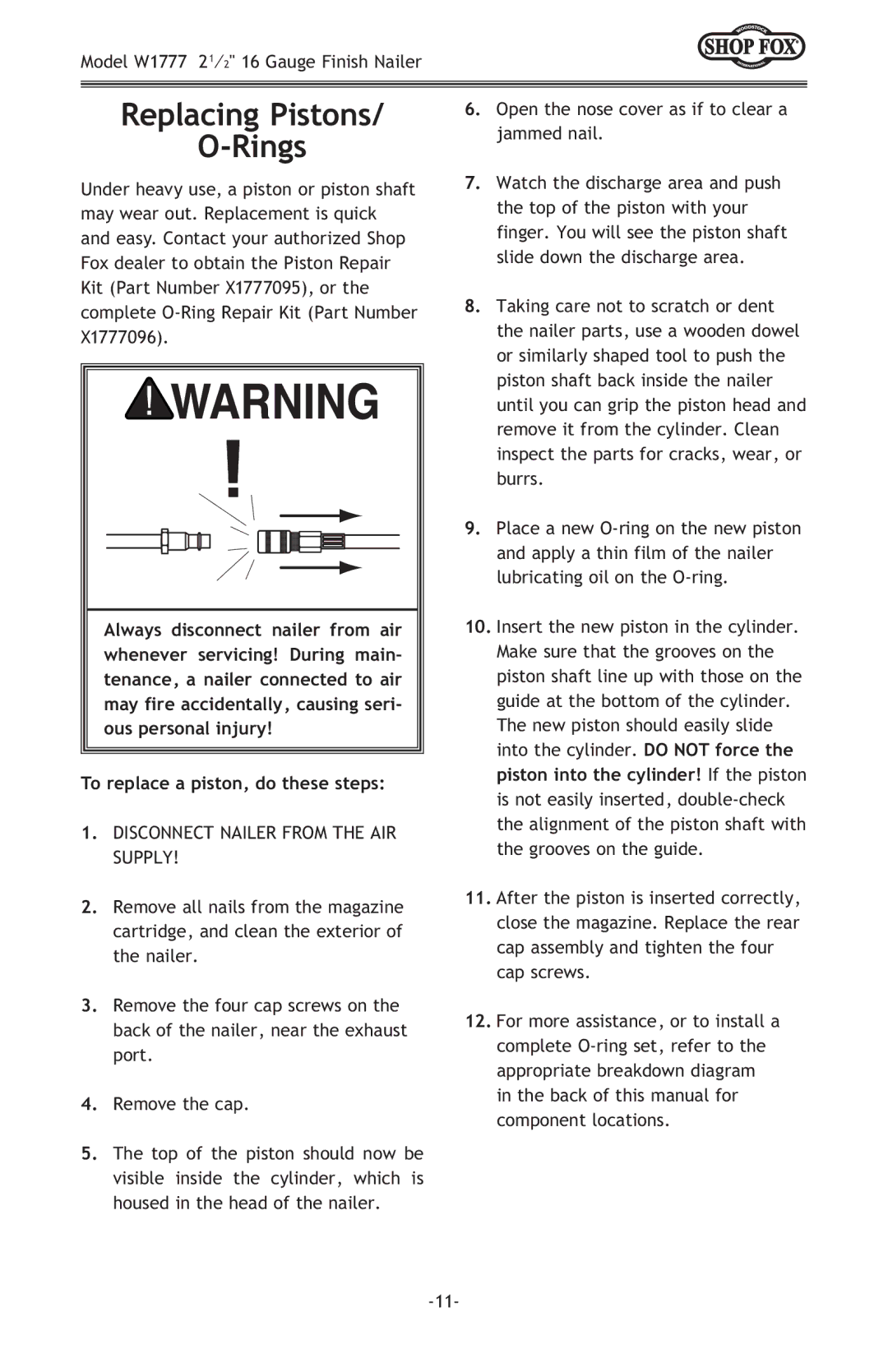 Woodstock W1777 owner manual Replacing Pistons Rings, To replace a piston, do these steps 