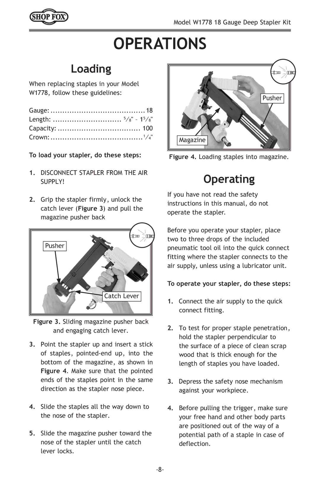 Woodstock W1778 owner manual Operations, Loading, Operating, To load your stapler, do these steps 