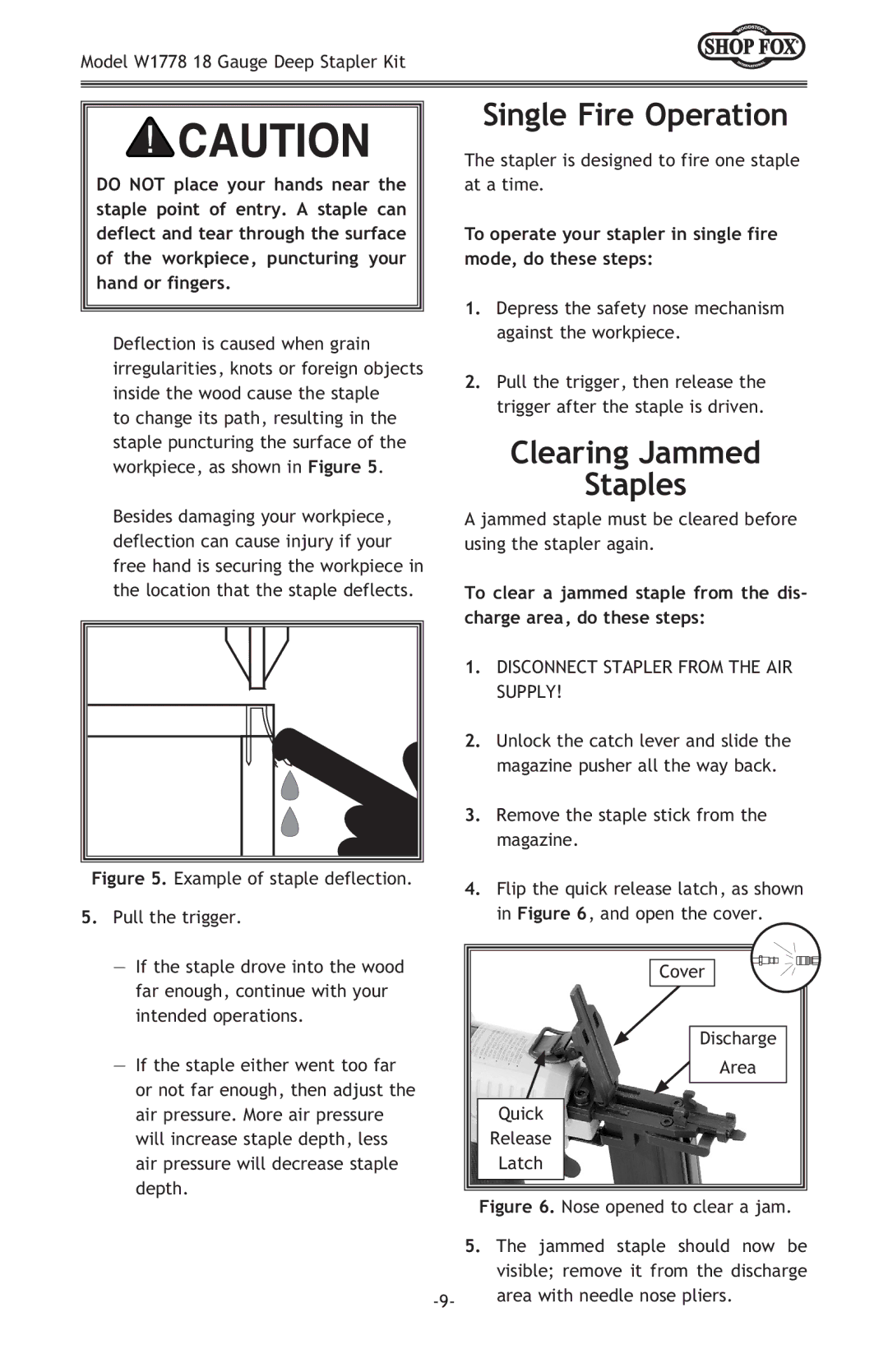 Woodstock W1778 owner manual Single Fire Operation, Clearing Jammed Staples 