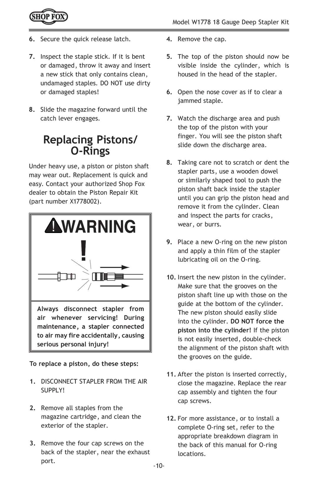 Woodstock W1778 owner manual Replacing Pistons Rings, To replace a piston, do these steps 