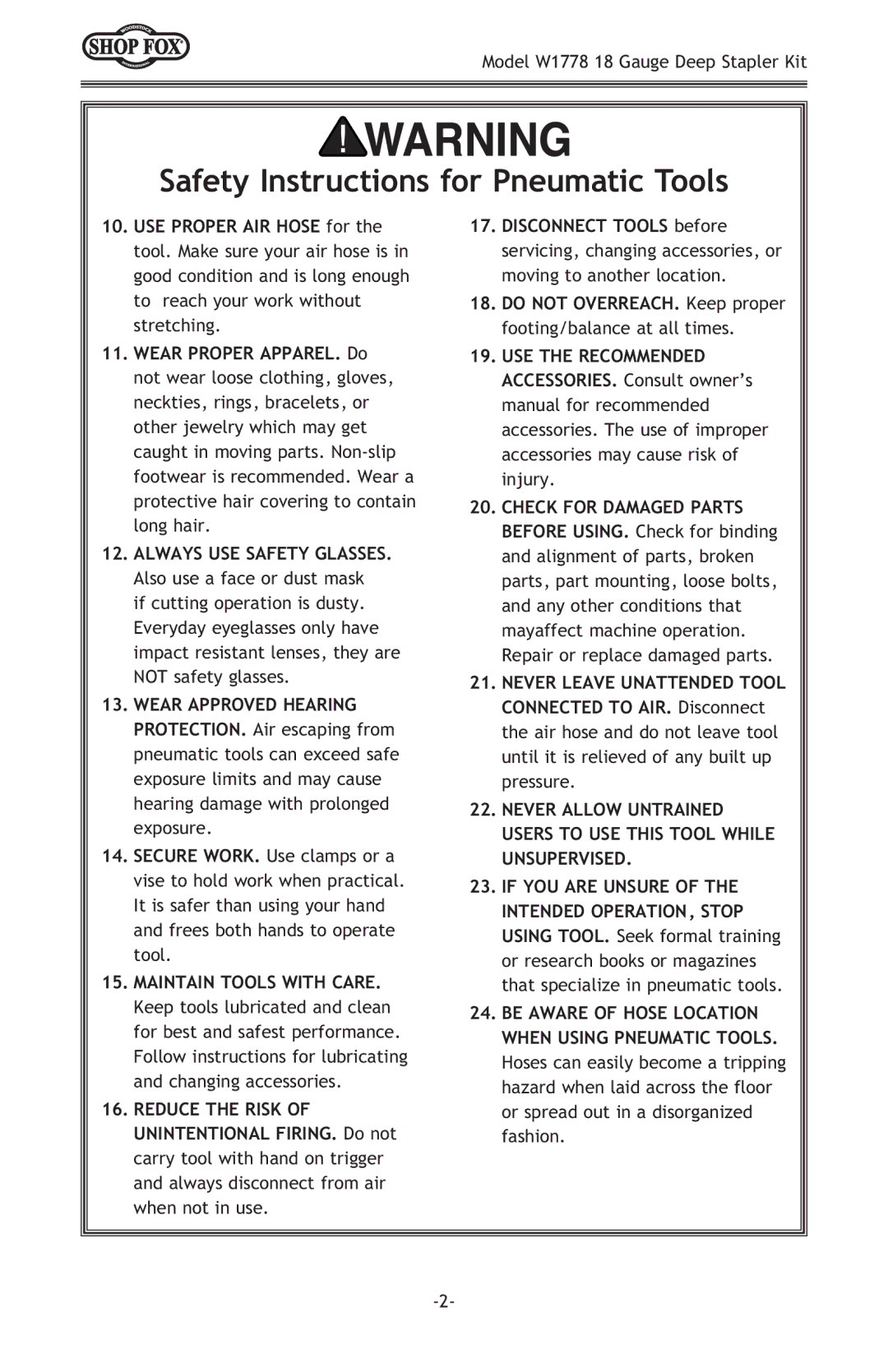 Woodstock W1778 owner manual Always USE Safety GLASSES. Also use a face or dust mask 