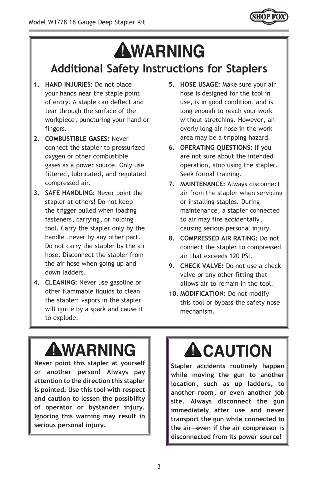 Woodstock W1778 owner manual Additional Safety Instructions for Staplers 