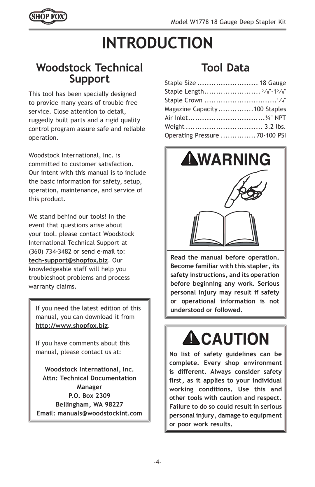 Woodstock W1778 owner manual Introduction, Woodstock Technical Support, Tool Data 