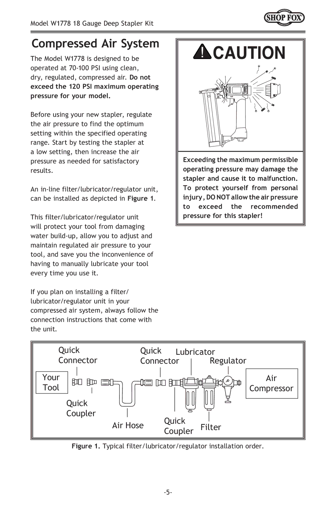 Woodstock W1778 owner manual Compressed Air System, Typical filter/lubricator/regulator installation order 