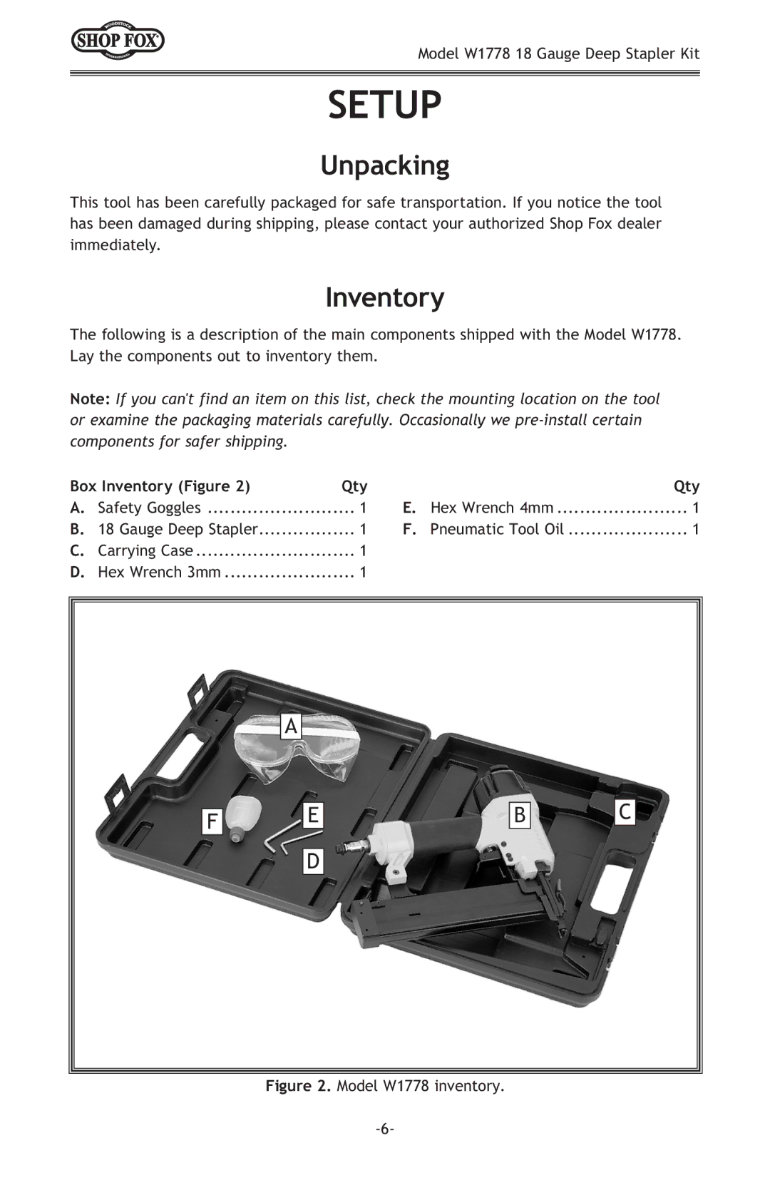 Woodstock W1778 owner manual Setup, Unpacking, Box Inventory Figure 