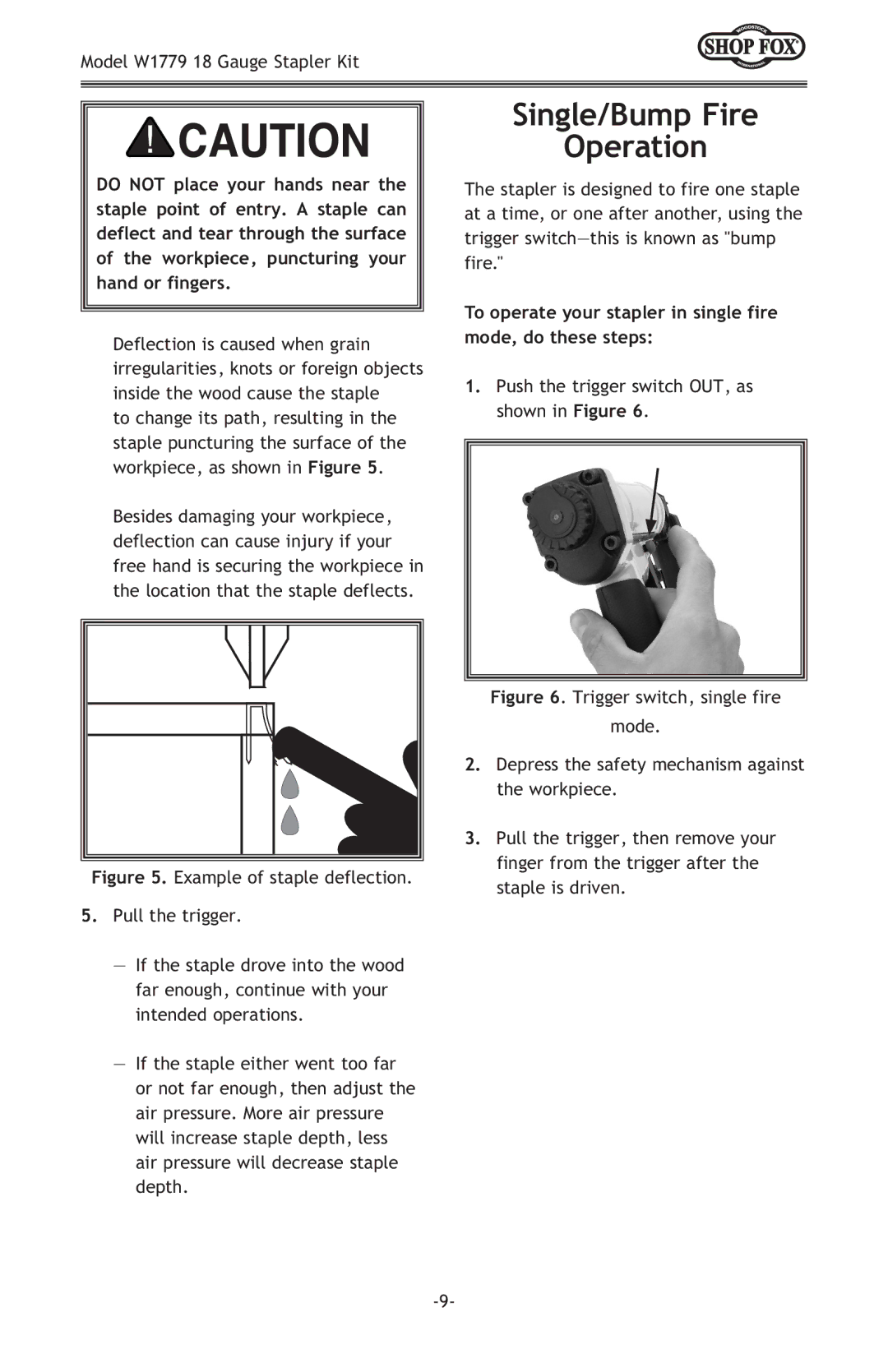 Woodstock W1779 owner manual Single/Bump Fire Operation, To operate your stapler in single fire mode, do these steps 