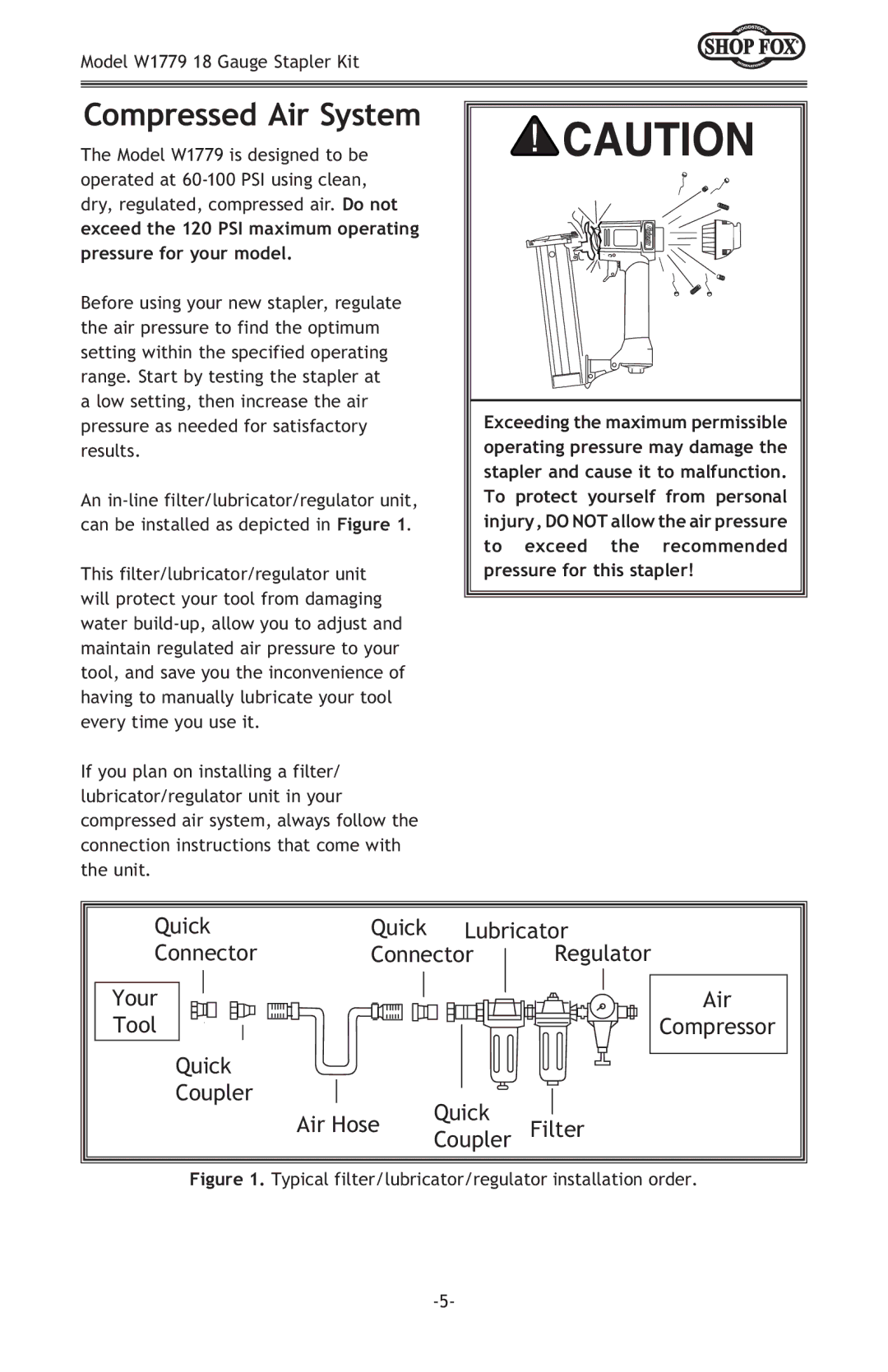 Woodstock W1779 owner manual Compressed Air System, Typical filter/lubricator/regulator installation order 