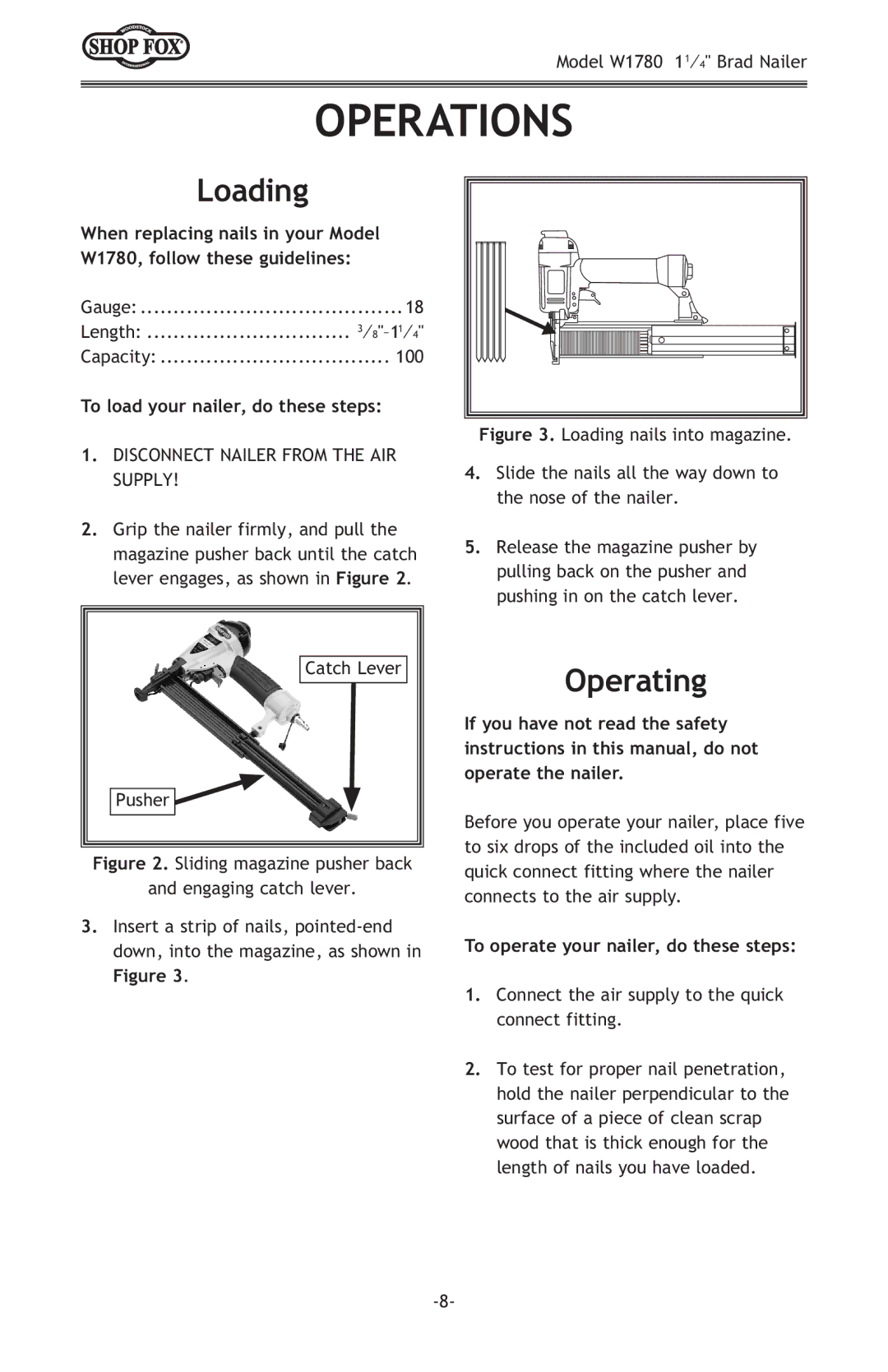 Woodstock W1780 owner manual Operations, Loading, Operating, To load your nailer, do these steps 