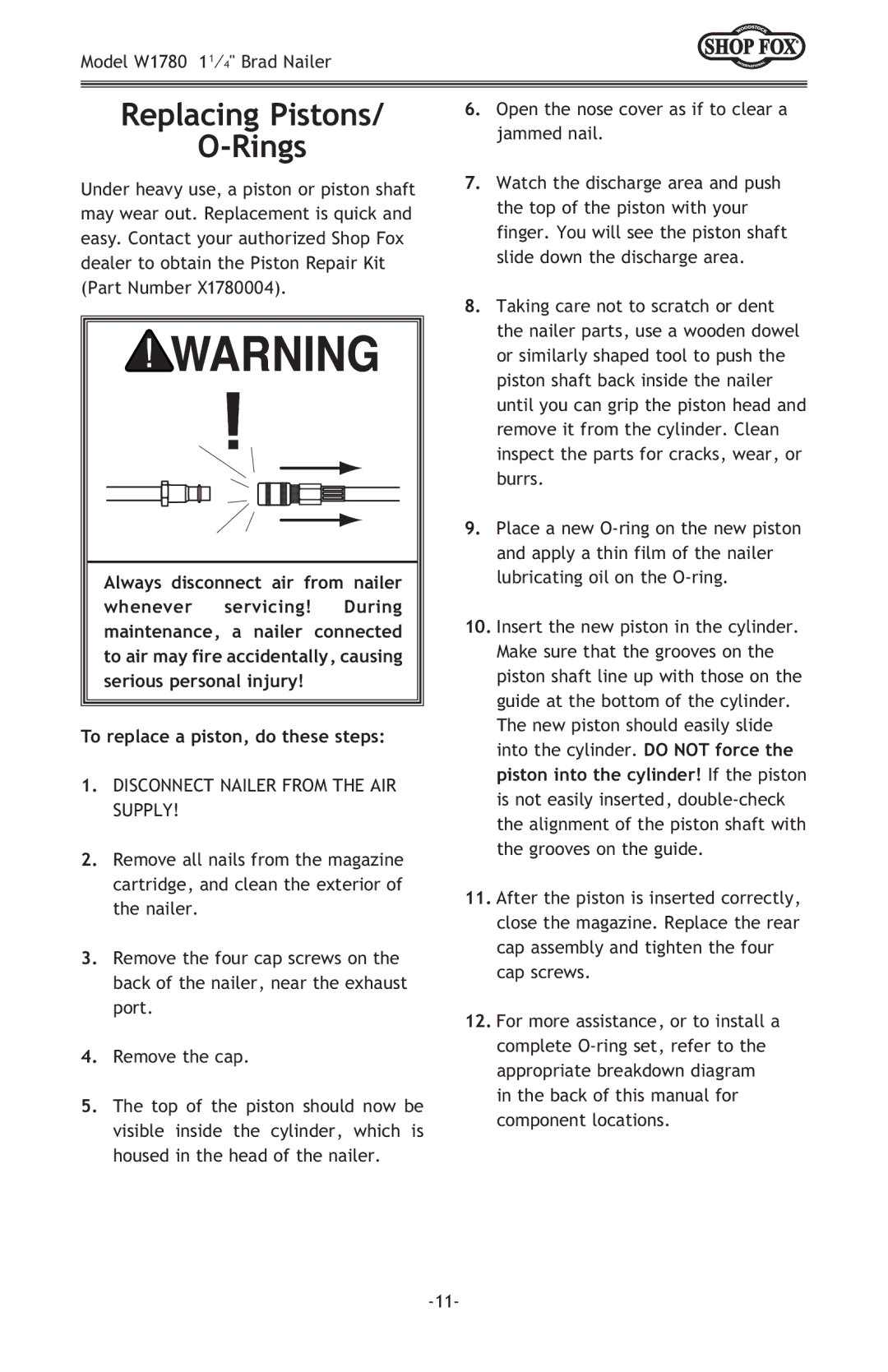 Woodstock W1780 owner manual Replacing Pistons Rings, To replace a piston, do these steps 