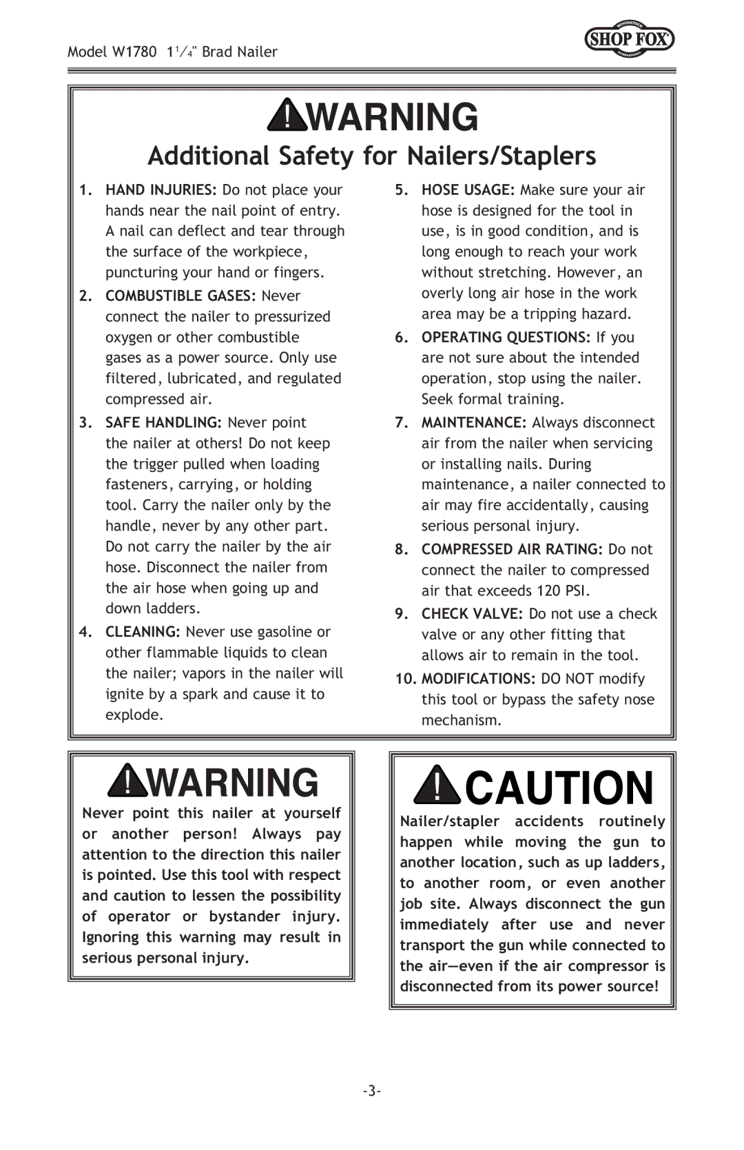 Woodstock W1780 owner manual Additional Safety for Nailers/Staplers 