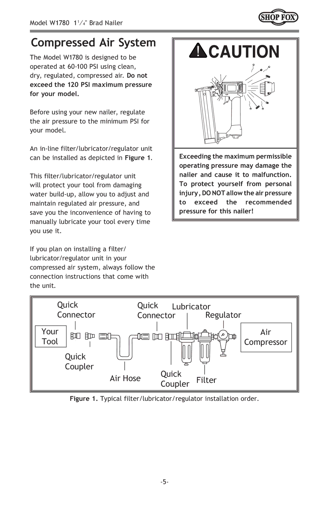 Woodstock W1780 owner manual Compressed Air System, Typical filter/lubricator/regulator installation order 