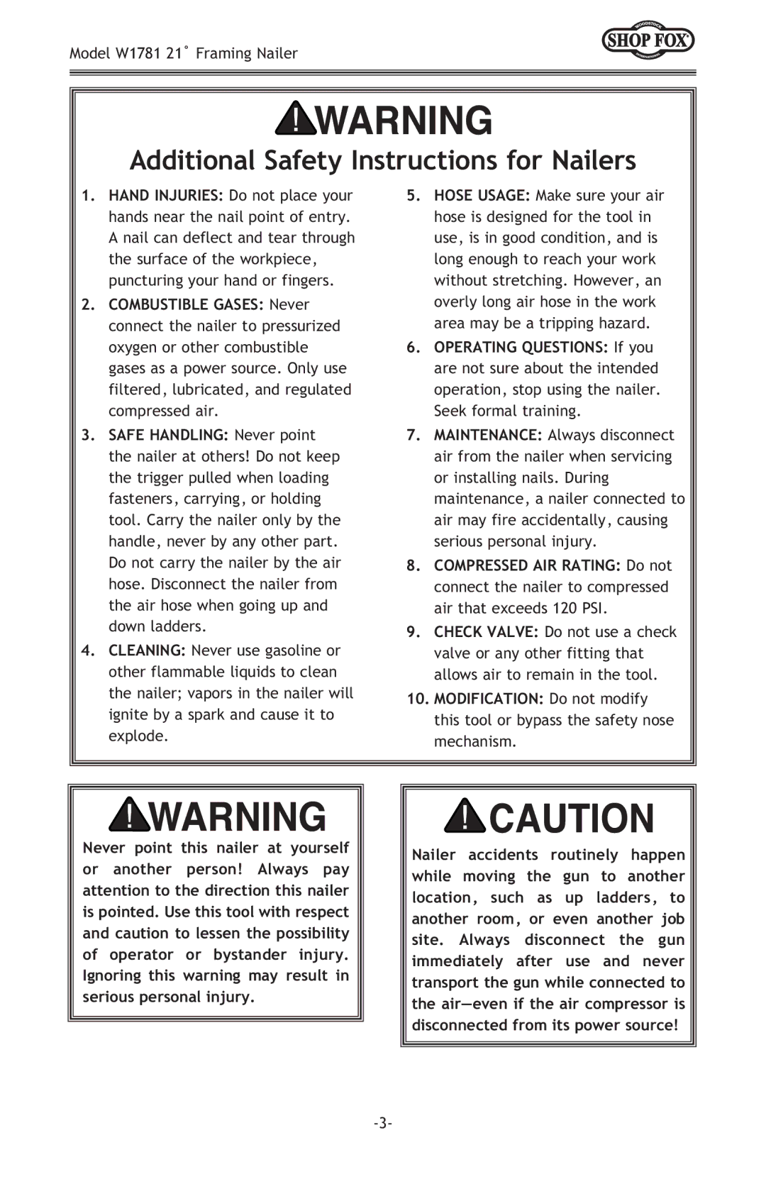 Woodstock W1781 owner manual Additional Safety Instructions for Nailers 