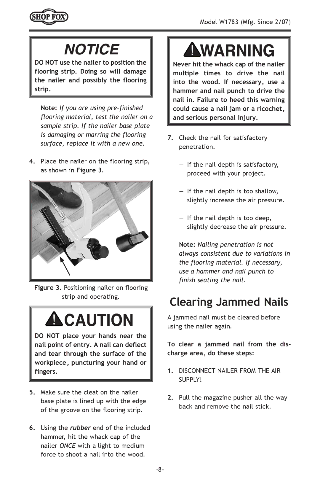 Woodstock W1783 owner manual Clearing Jammed Nails, Check the nail for satisfactory penetration 