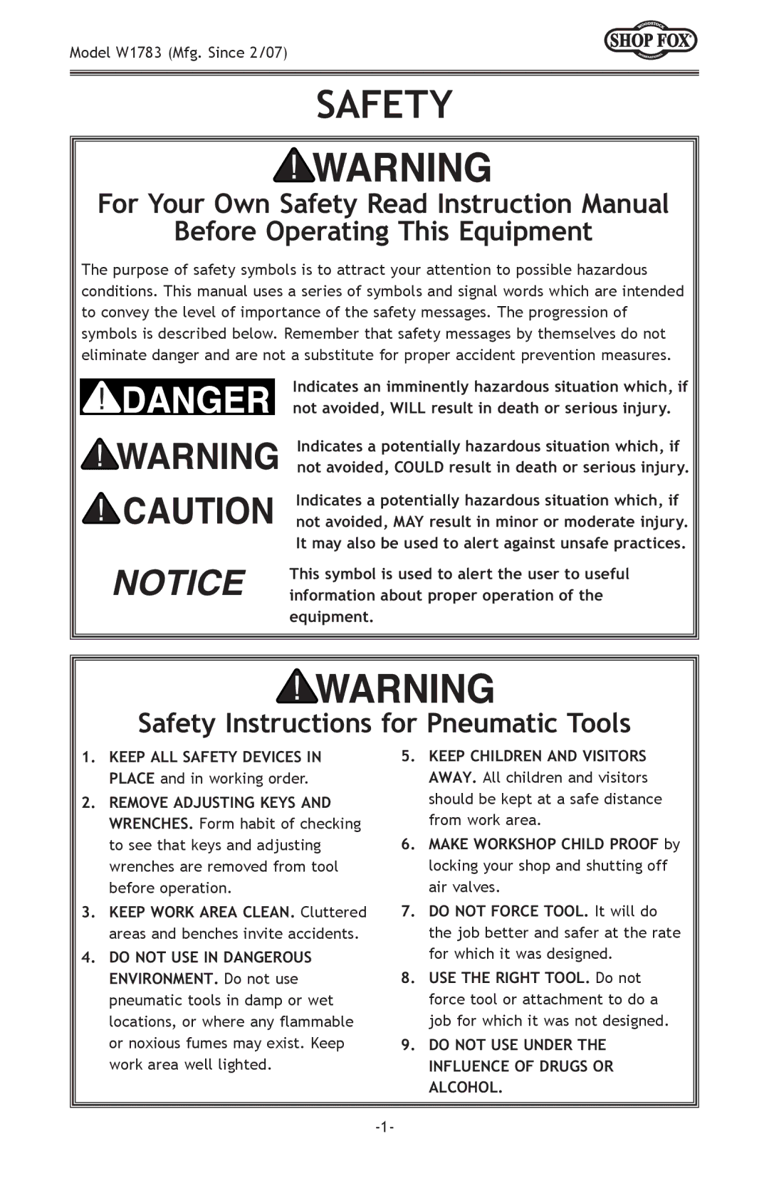 Woodstock W1783 owner manual Before Operating This Equipment, Safety Instructions for Pneumatic Tools 