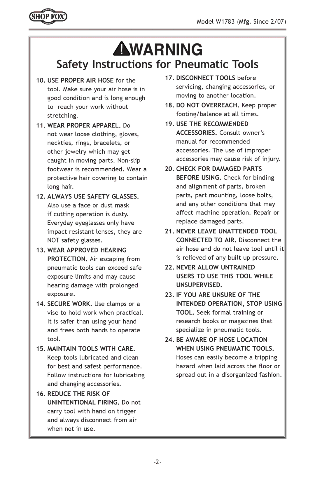 Woodstock W1783 owner manual Always USE Safety Glasses 