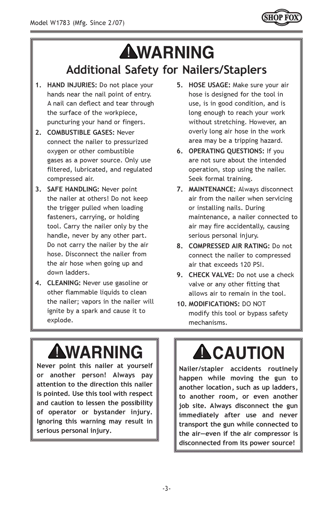 Woodstock W1783 owner manual Additional Safety for Nailers/Staplers 