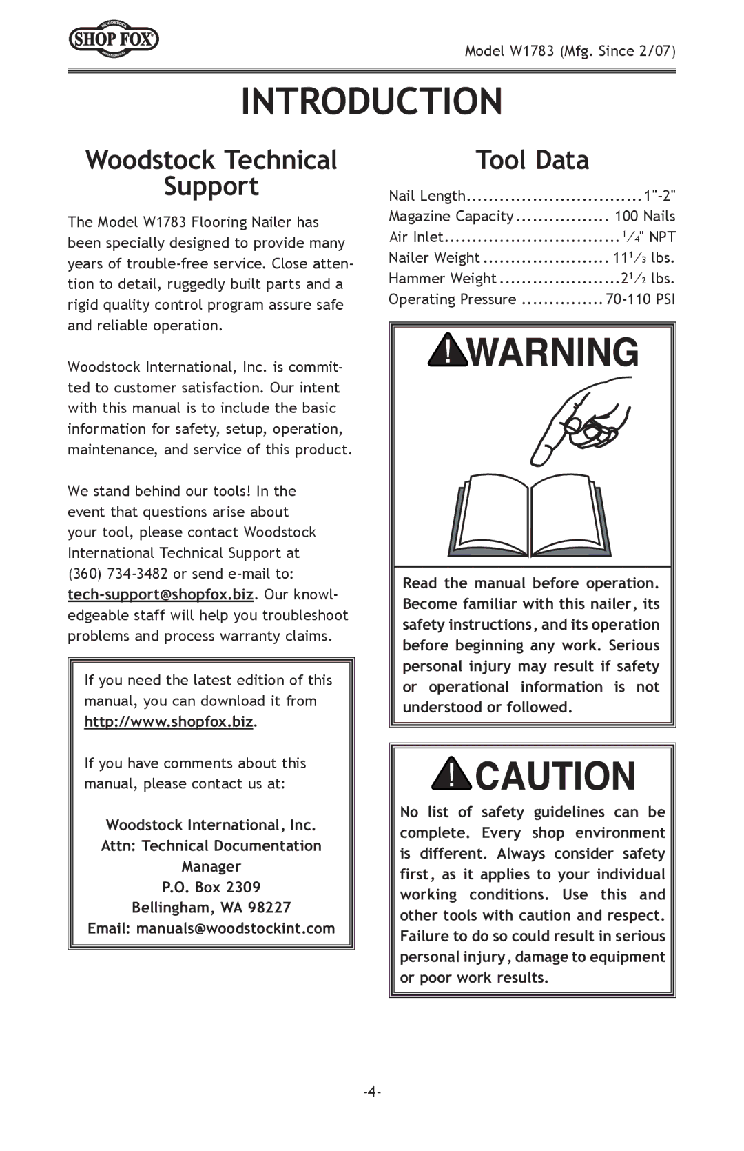 Woodstock W1783 owner manual Introduction, Woodstock Technical Support, Tool Data 