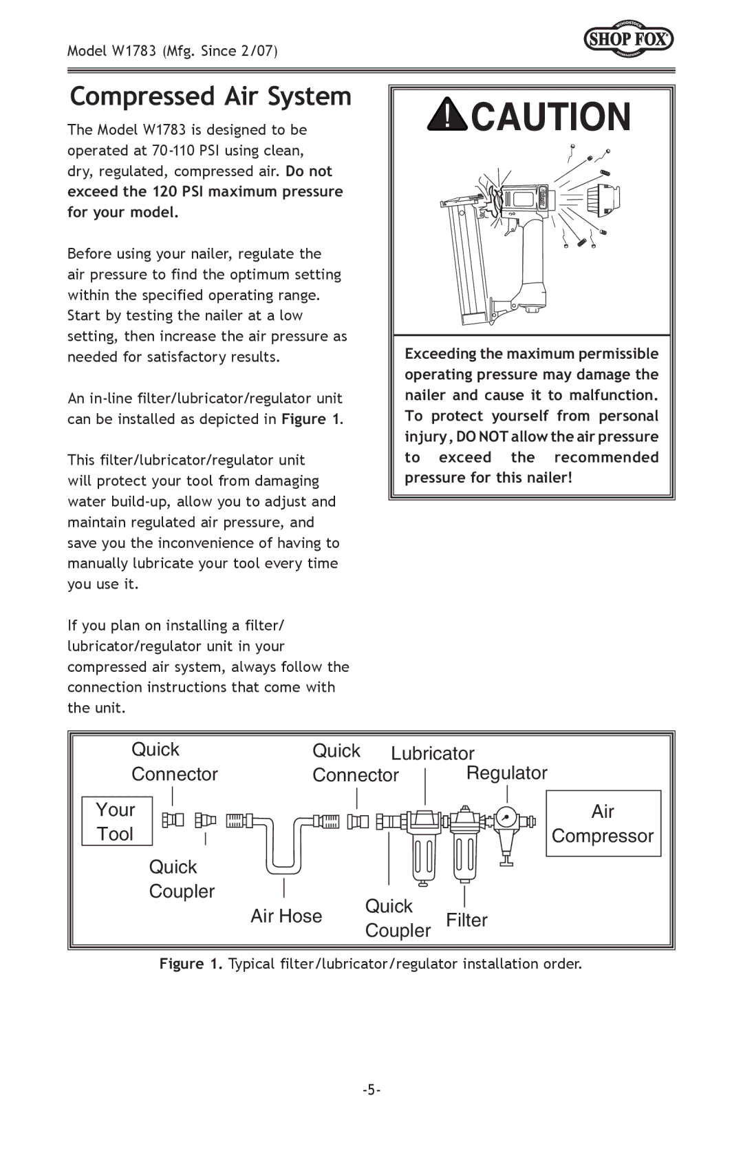 Woodstock W1783 owner manual Compressed Air System, Typical filter/lubricator/regulator installation order 