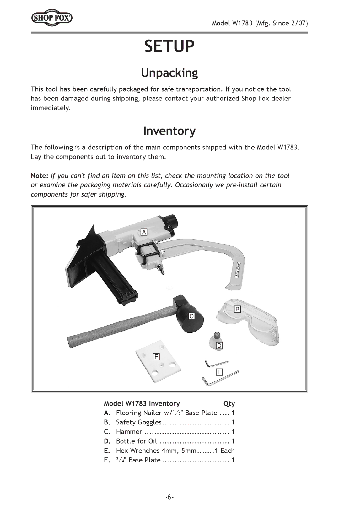 Woodstock W1783 owner manual Setup, Unpacking, Inventory 