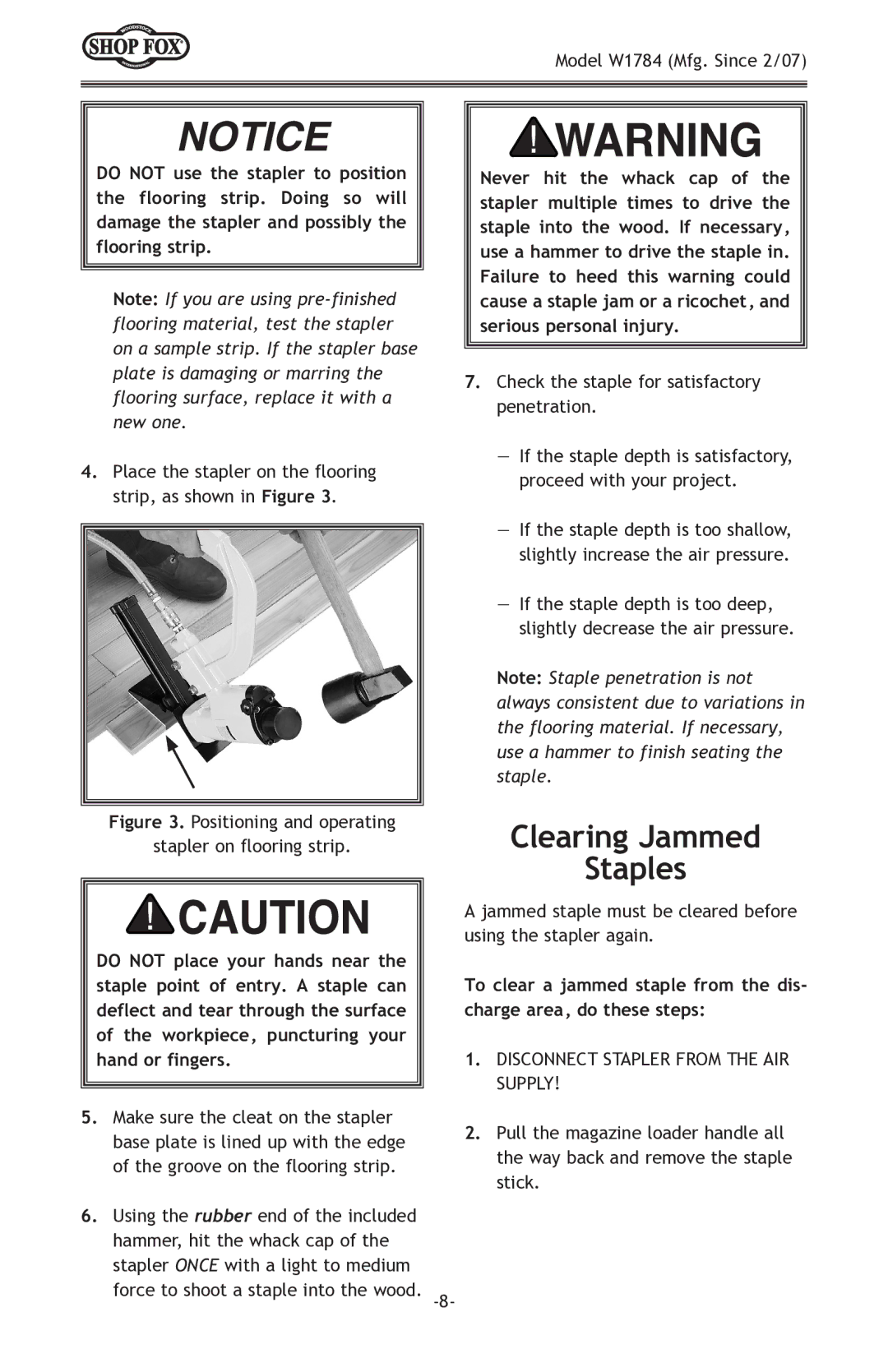 Woodstock W1784 owner manual Clearing Jammed Staples, Check the staple for satisfactory penetration 