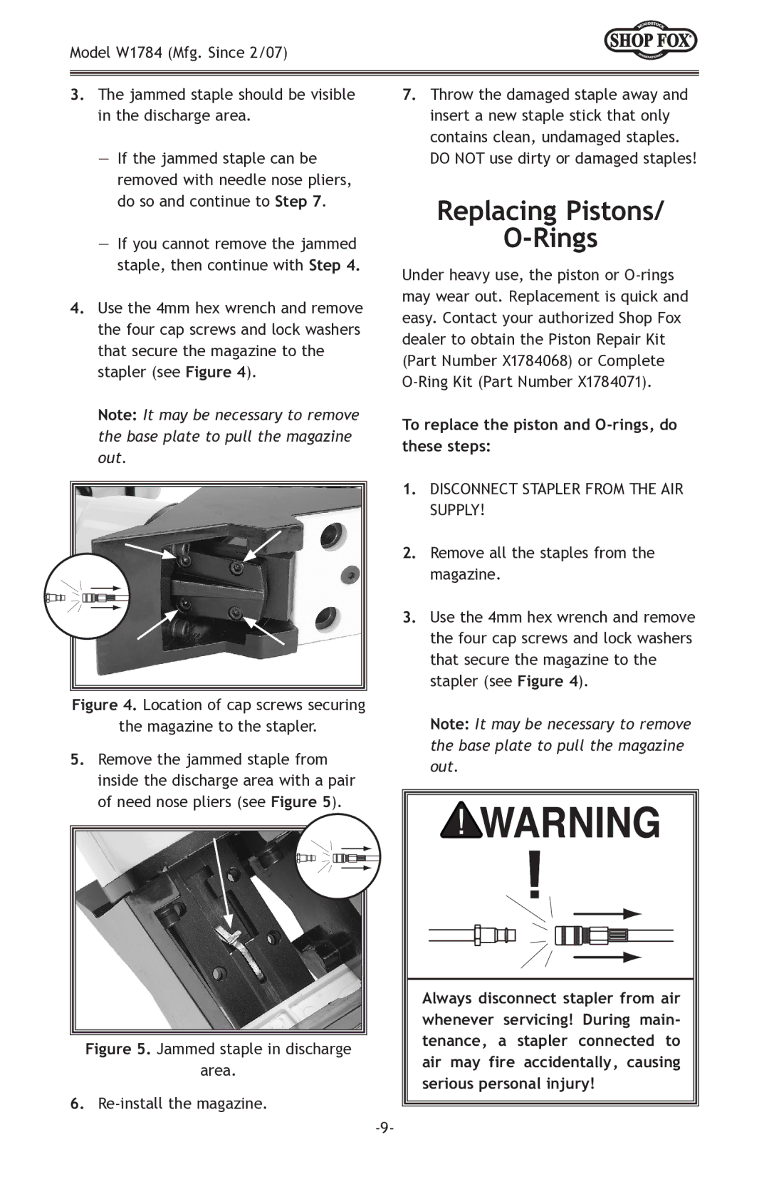 Woodstock W1784 owner manual Replacing Pistons Rings, Magazine to the stapler 