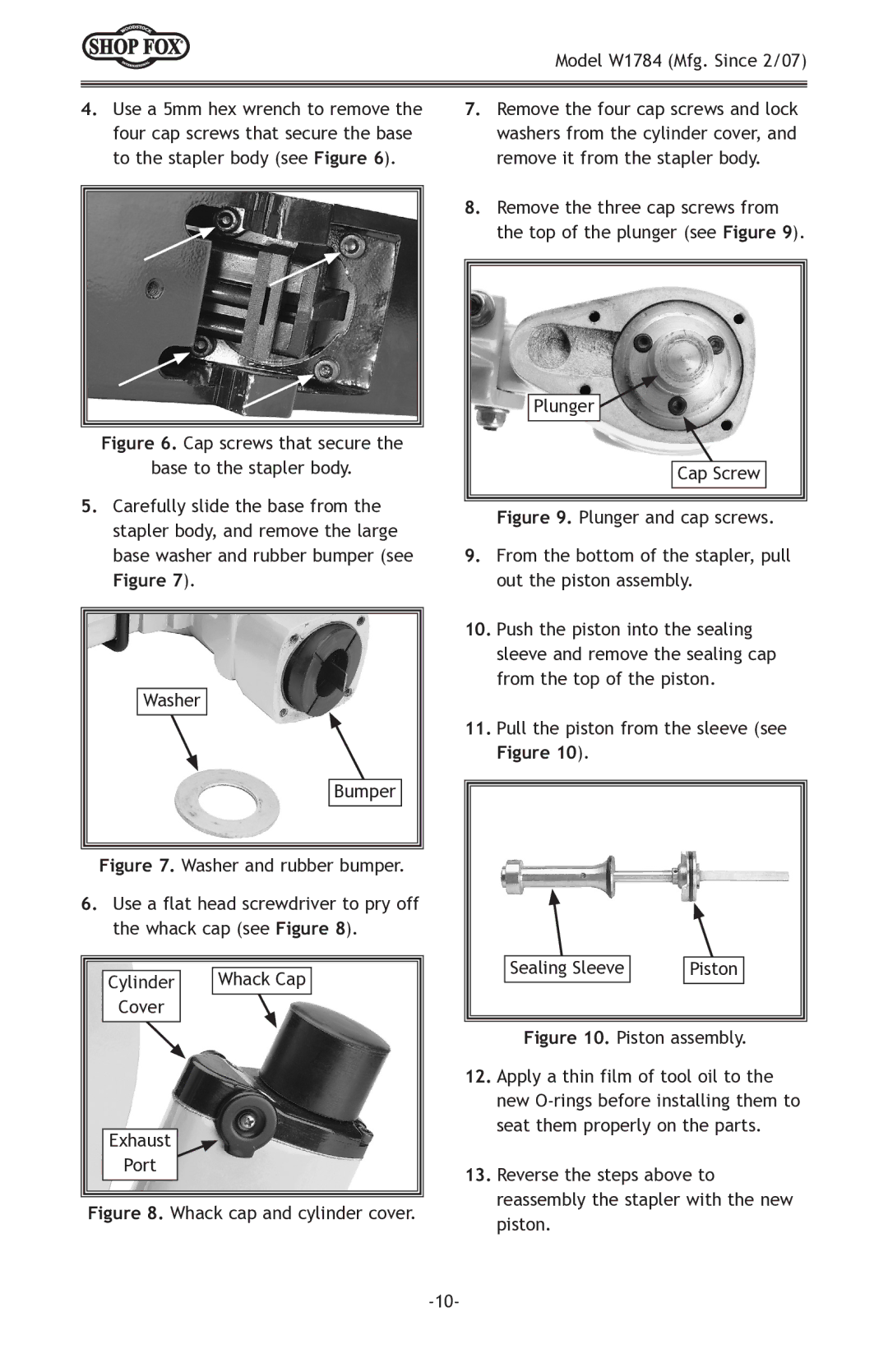 Woodstock W1784 owner manual Cap screws that secure Base to the stapler body 