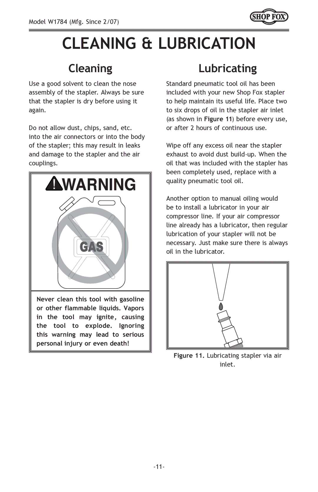 Woodstock W1784 owner manual Cleaning & Lubrication, CleaningLubricating 