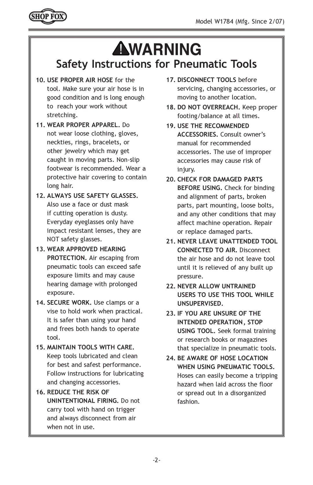 Woodstock W1784 owner manual Always USE Safety Glasses 