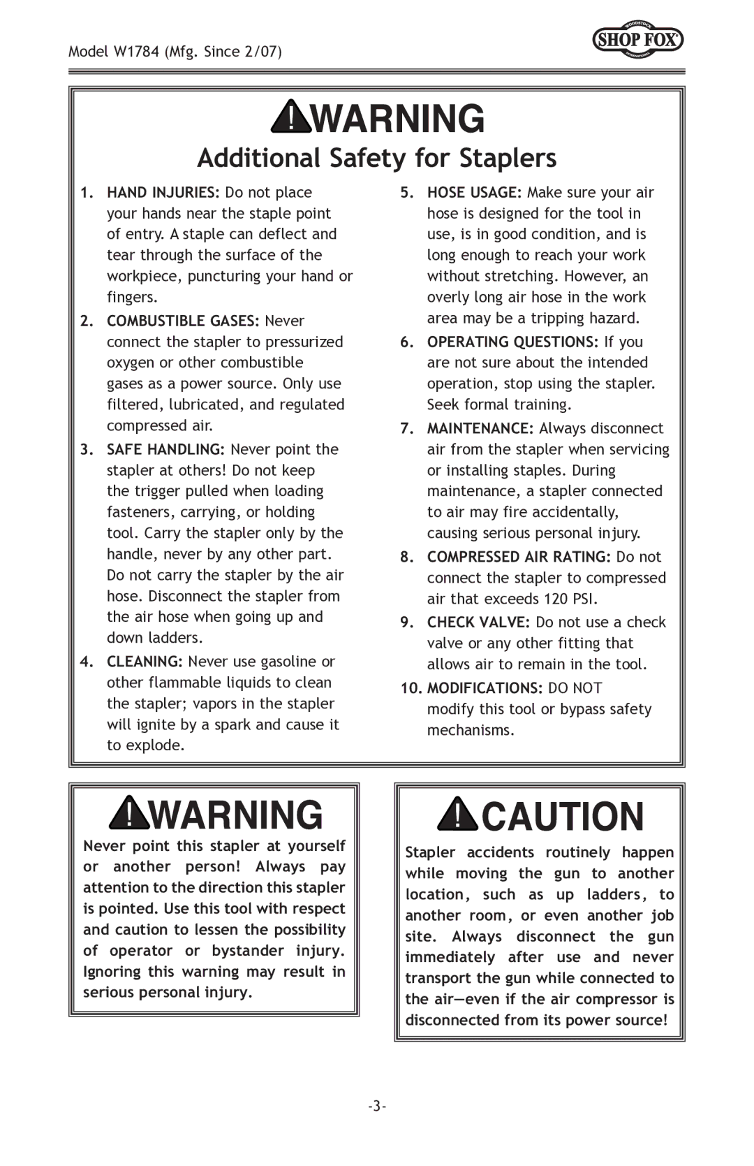 Woodstock W1784 owner manual Additional Safety for Staplers 