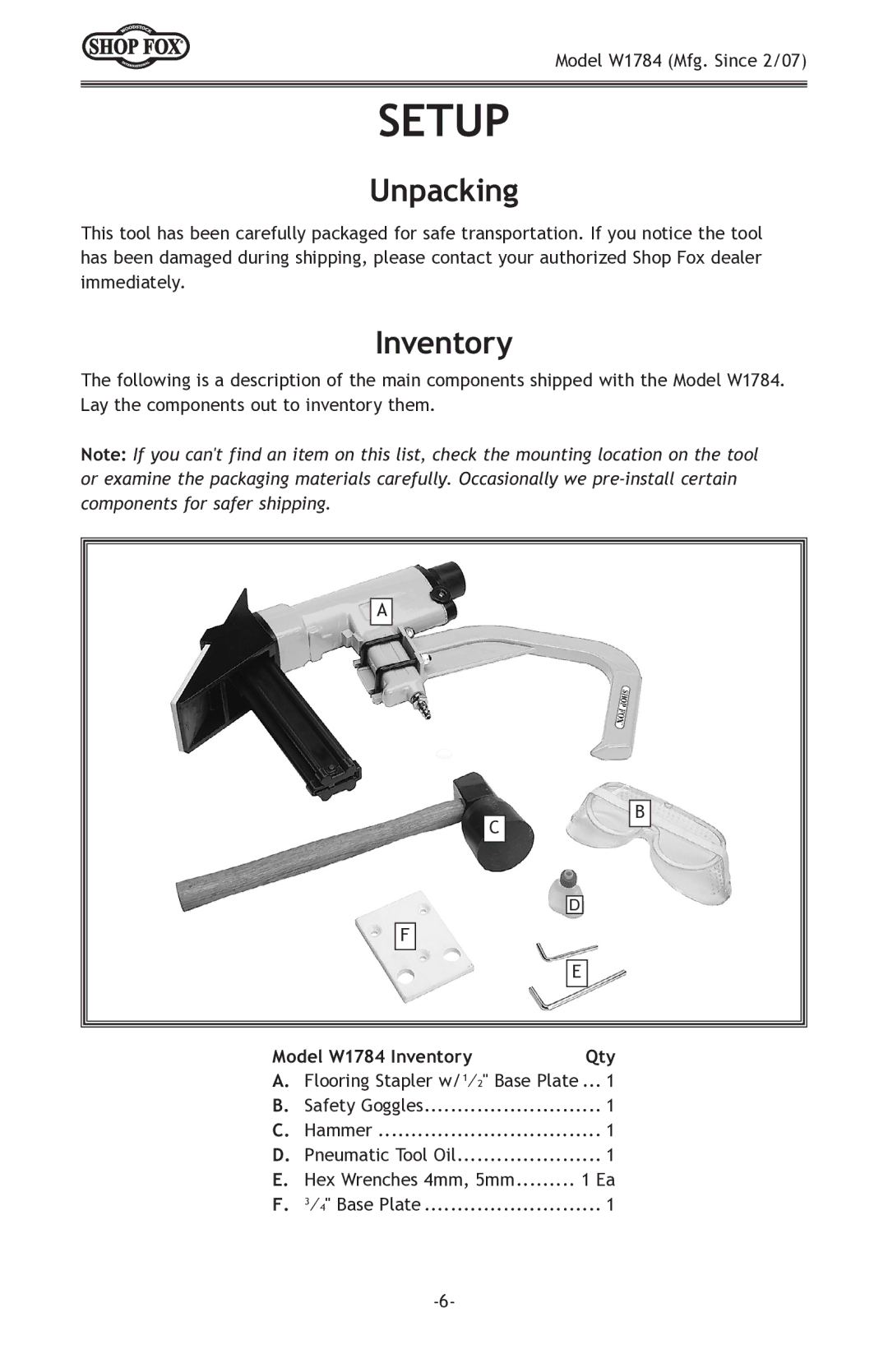 Woodstock W1784 owner manual Setup, Unpacking, Inventory 