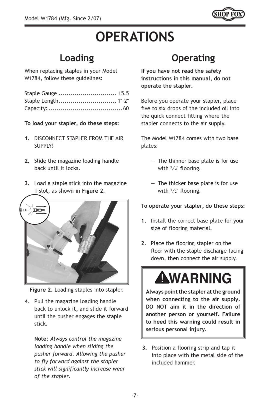 Woodstock W1784 owner manual Operations, Loading, Operating 