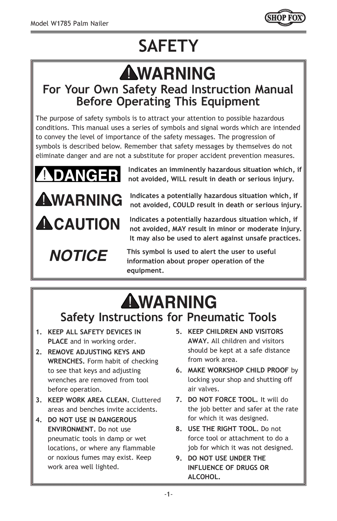 Woodstock W1785 owner manual Before Operating This Equipment, Safety Instructions for Pneumatic Tools 