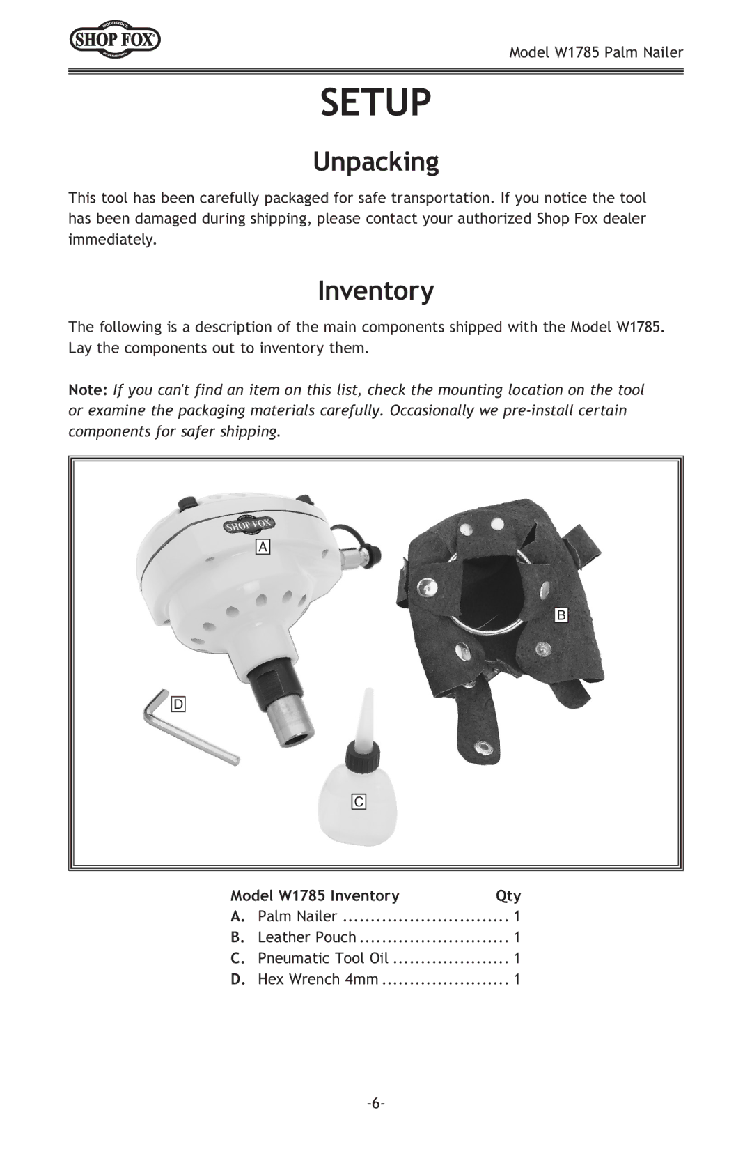 Woodstock W1785 owner manual Setup, Unpacking, Inventory 