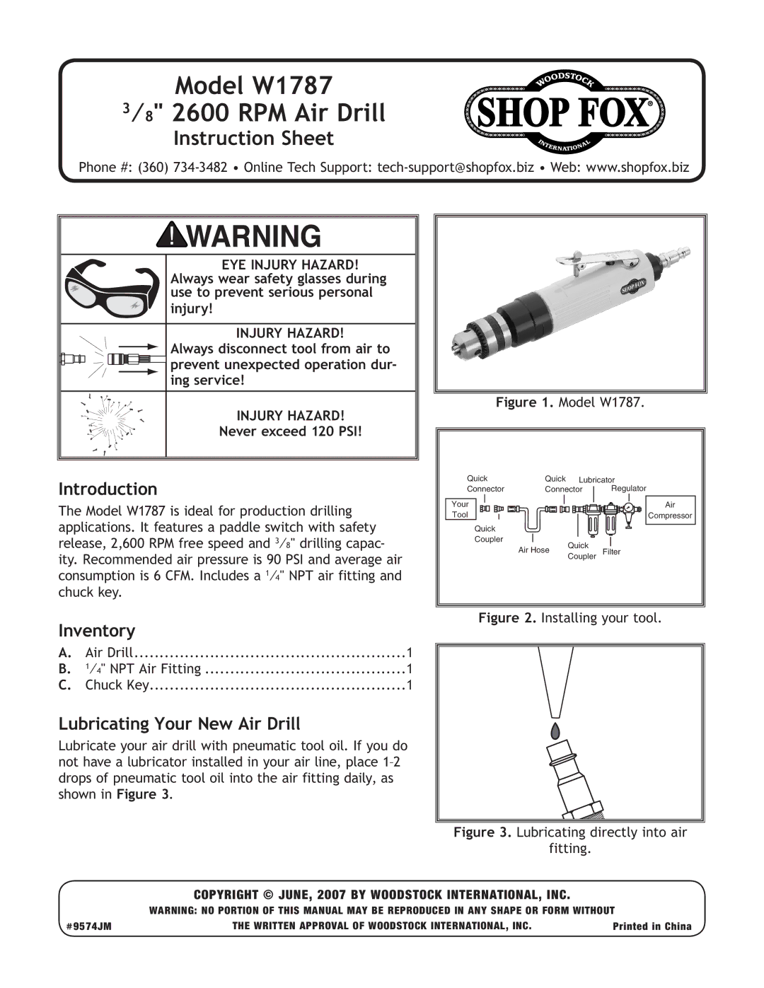 Woodstock instruction sheet Model W1787 ⁄8 2600 RPM Air Drill, Instruction Sheet, Introduction, Inventory 