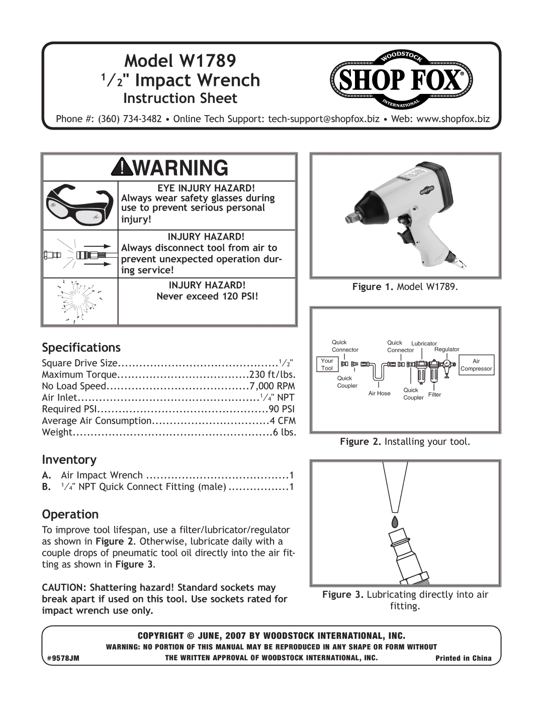 Woodstock specifications Model W1789 ⁄2 Impact Wrench, Instruction Sheet, Specifications, Inventory, Operation 