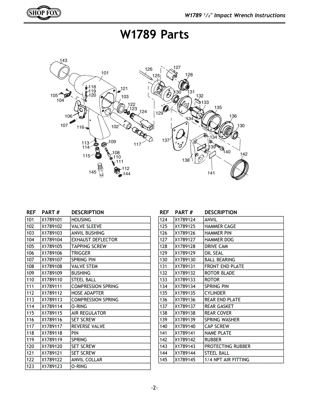 Woodstock specifications W1789 Parts, PART# Description 