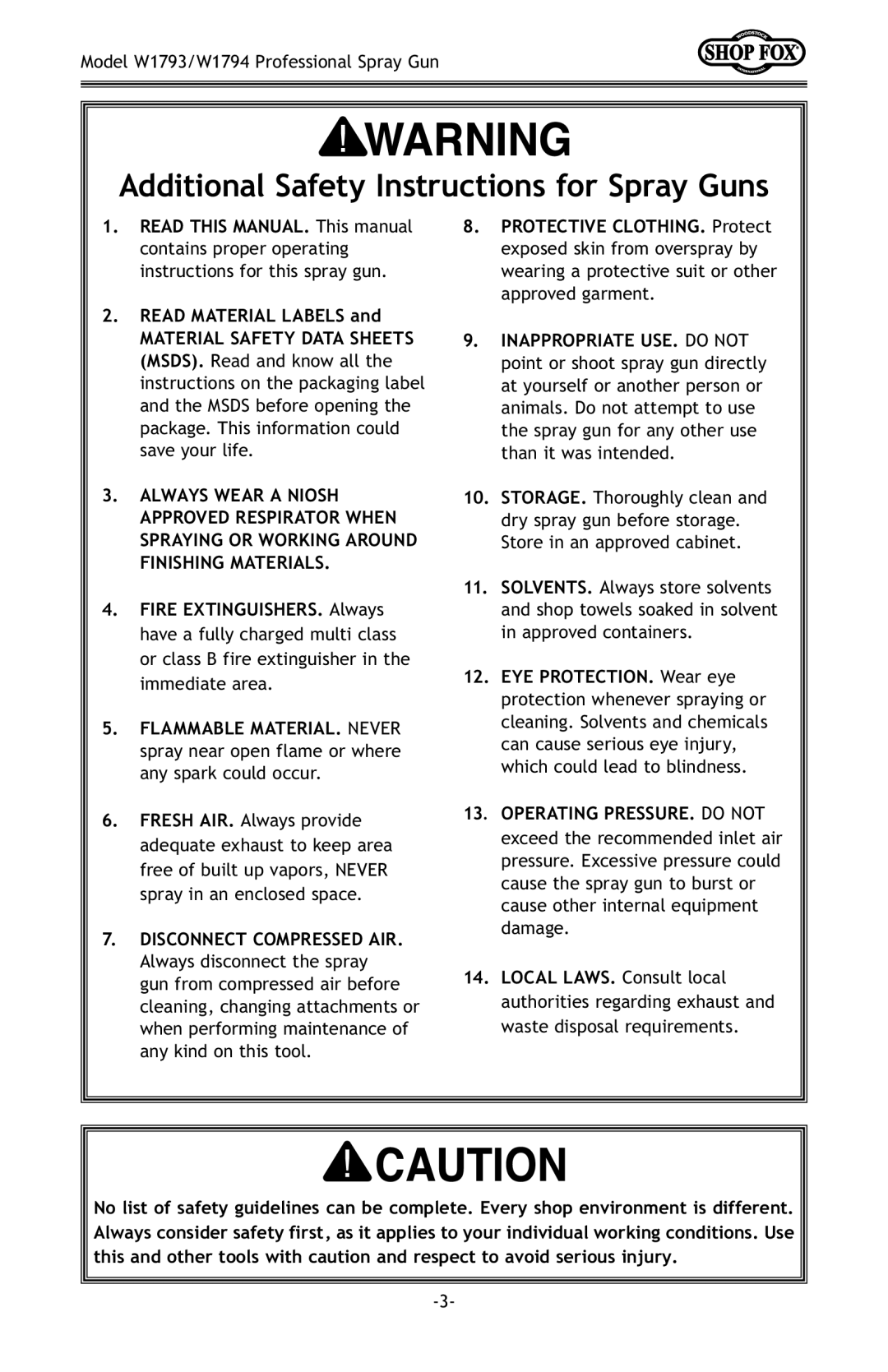 Woodstock W1794, W1793 owner manual Additional Safety Instructions for Spray Guns, Disconnect Compressed AIR 