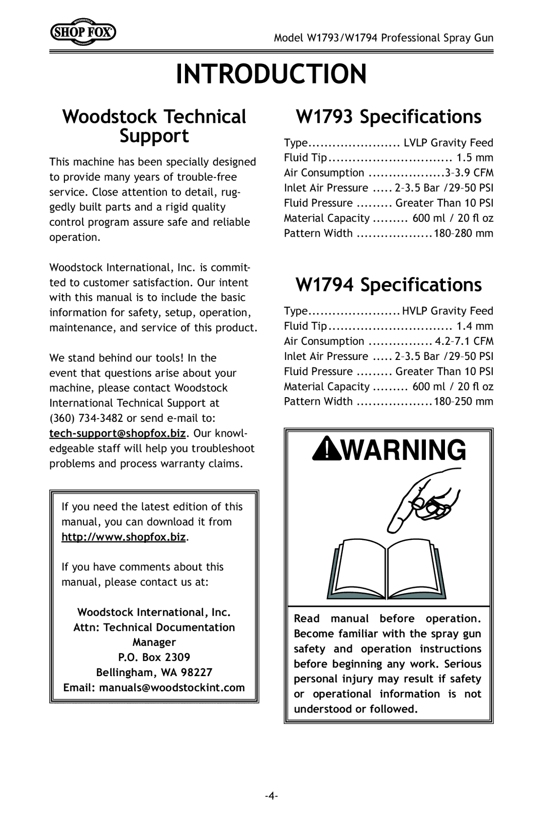 Woodstock owner manual Introduction, Woodstock Technical Support, W1793 Specifications, W1794 Specifications 